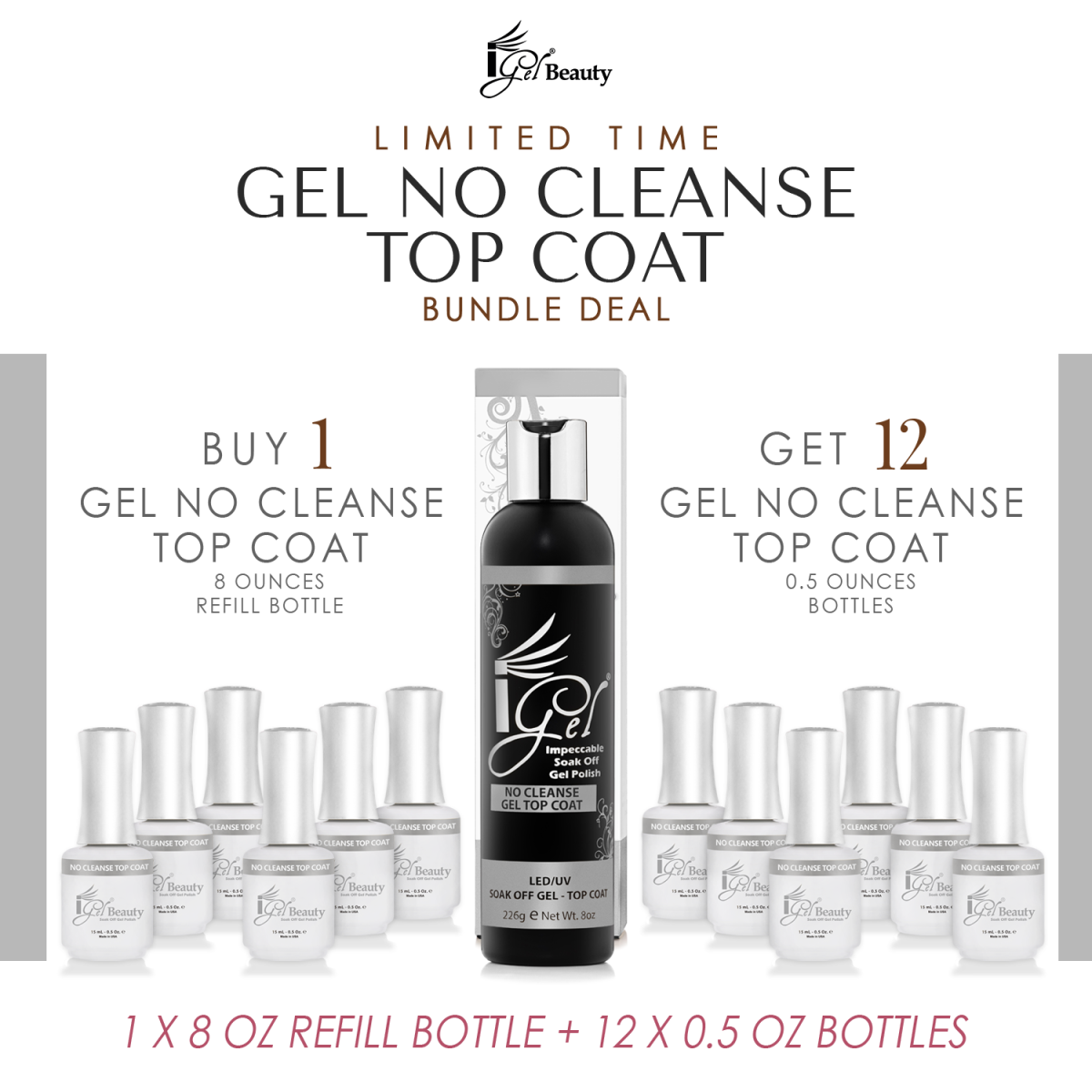 REFILL BUNDLE - IGEL NO CLEANSE TOP COAT - 8 OZ + 12 FREE 0.5 OZ BOTTLES