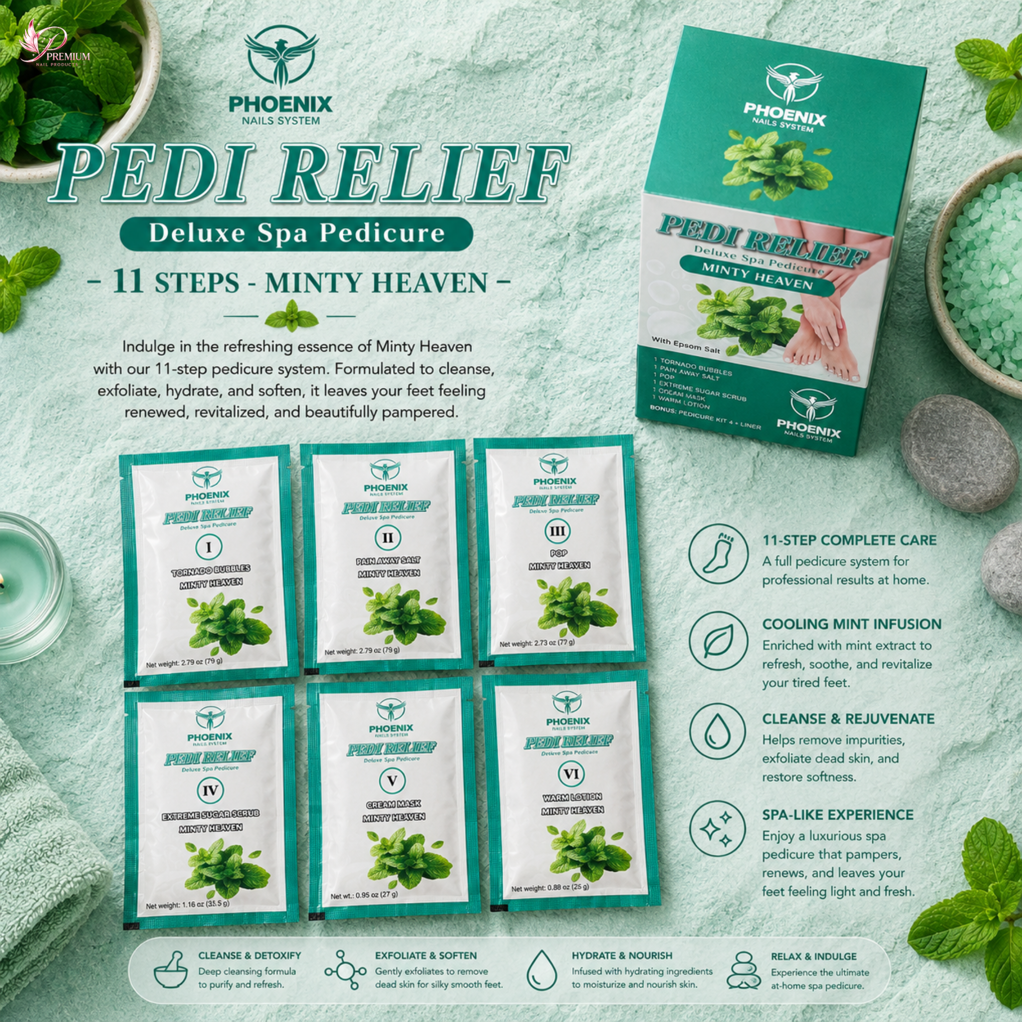 PHOENIX Pedi Relief Deluxe Spa Pedicure 11 Steps - Minty Heaven - BUY 10 FREE 1