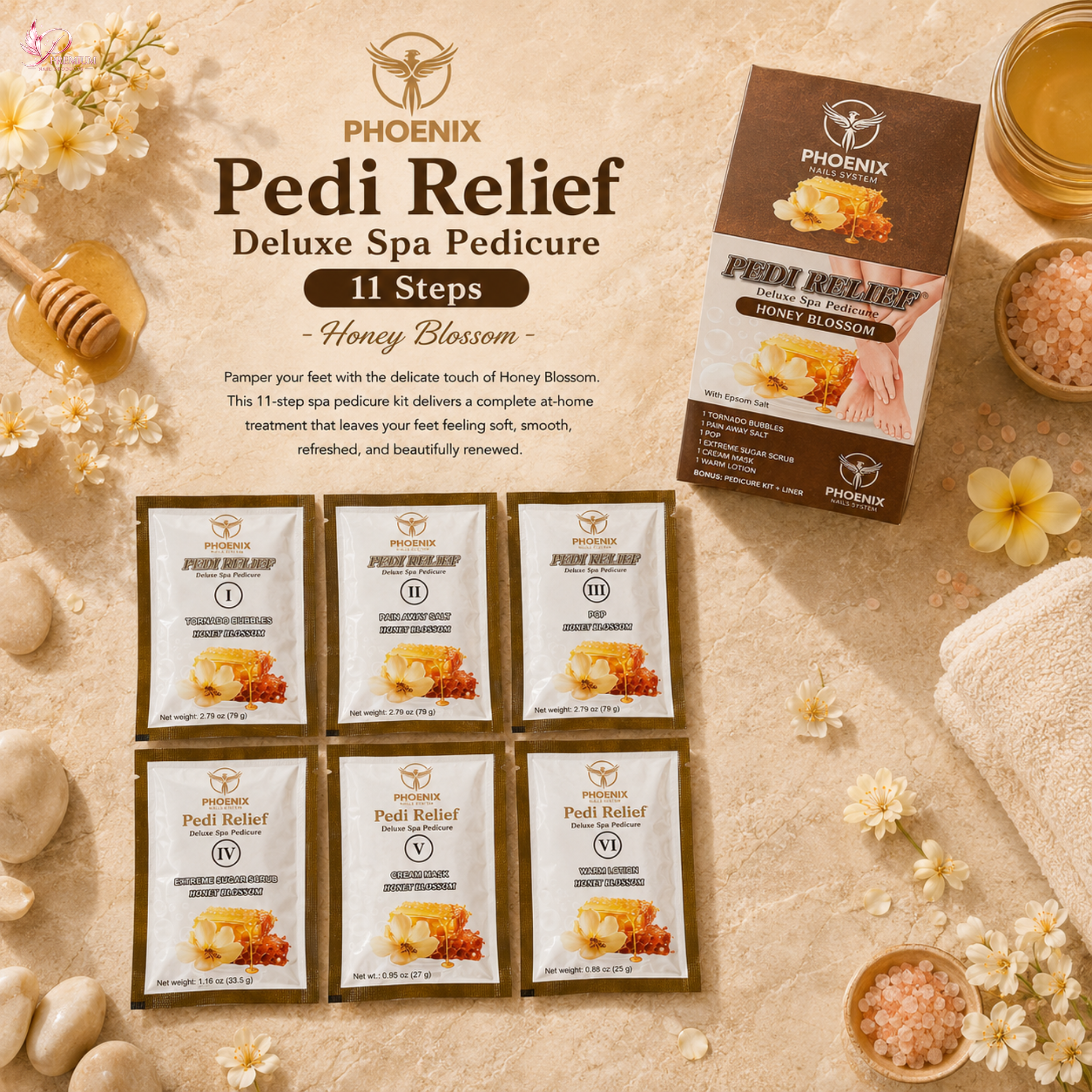PHOENIX Pedi Relief Deluxe Spa Pedicure 11 Steps - Honey Blossom - BUY 10 FREE 1
