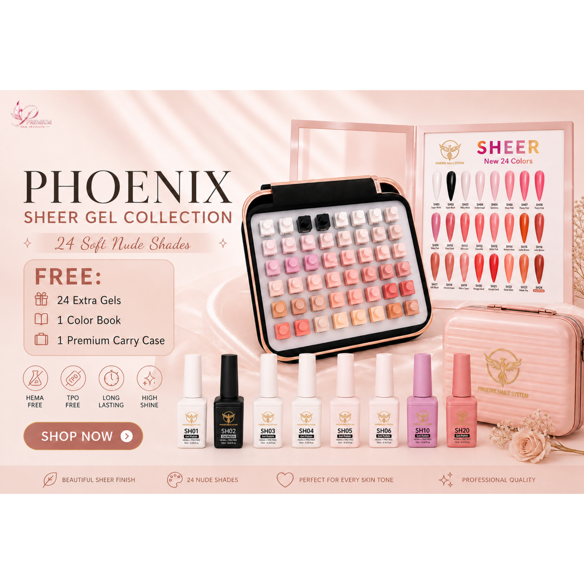 Phoenix Sheer Gel Collection 24 Colors - Free Extra 24 Gels + 1 Color Book + Vali