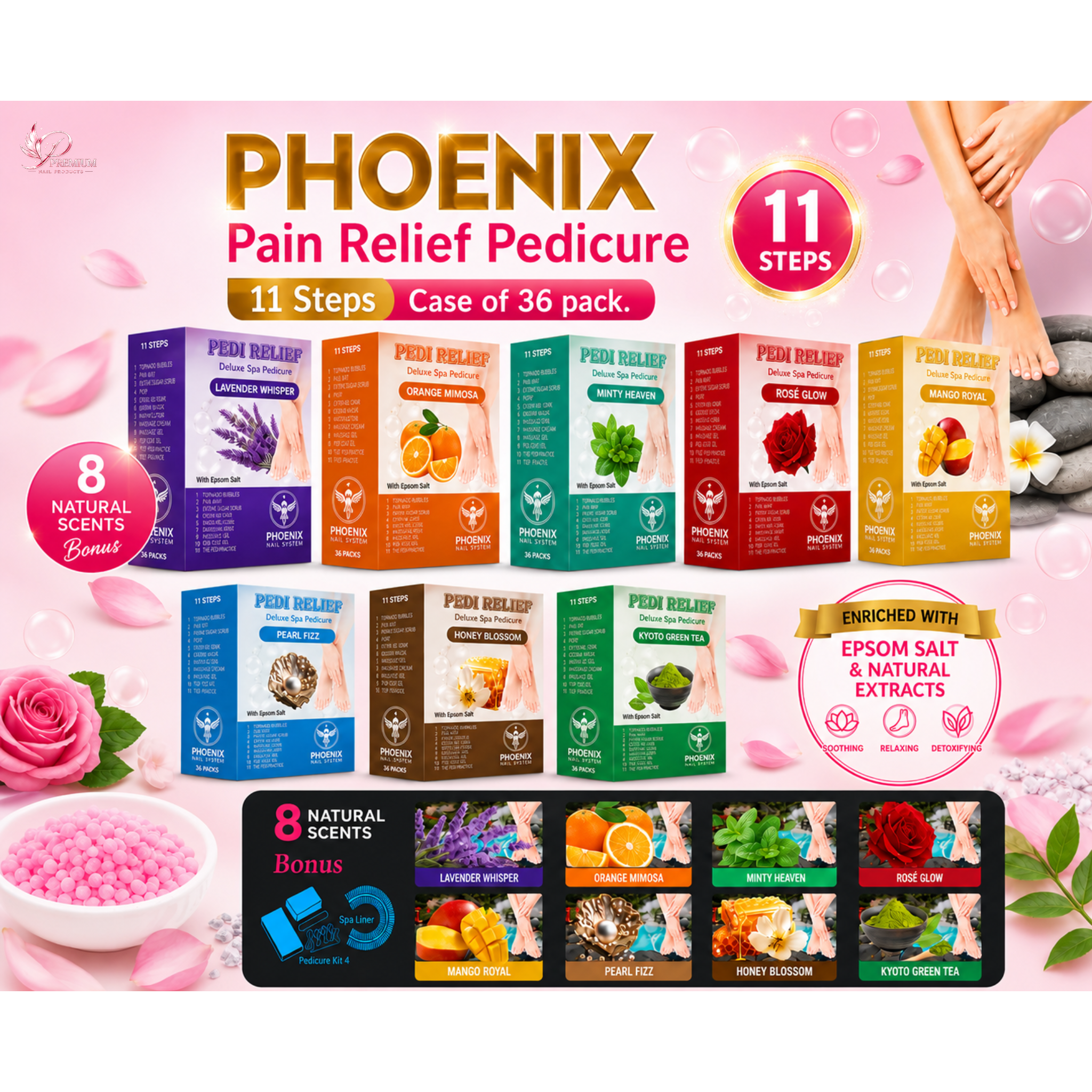 PHOENIX Pedi Relief Deluxe Spa Pedicure 11 Steps - Case of 36 Pack - FREE 1 Smoke Machine