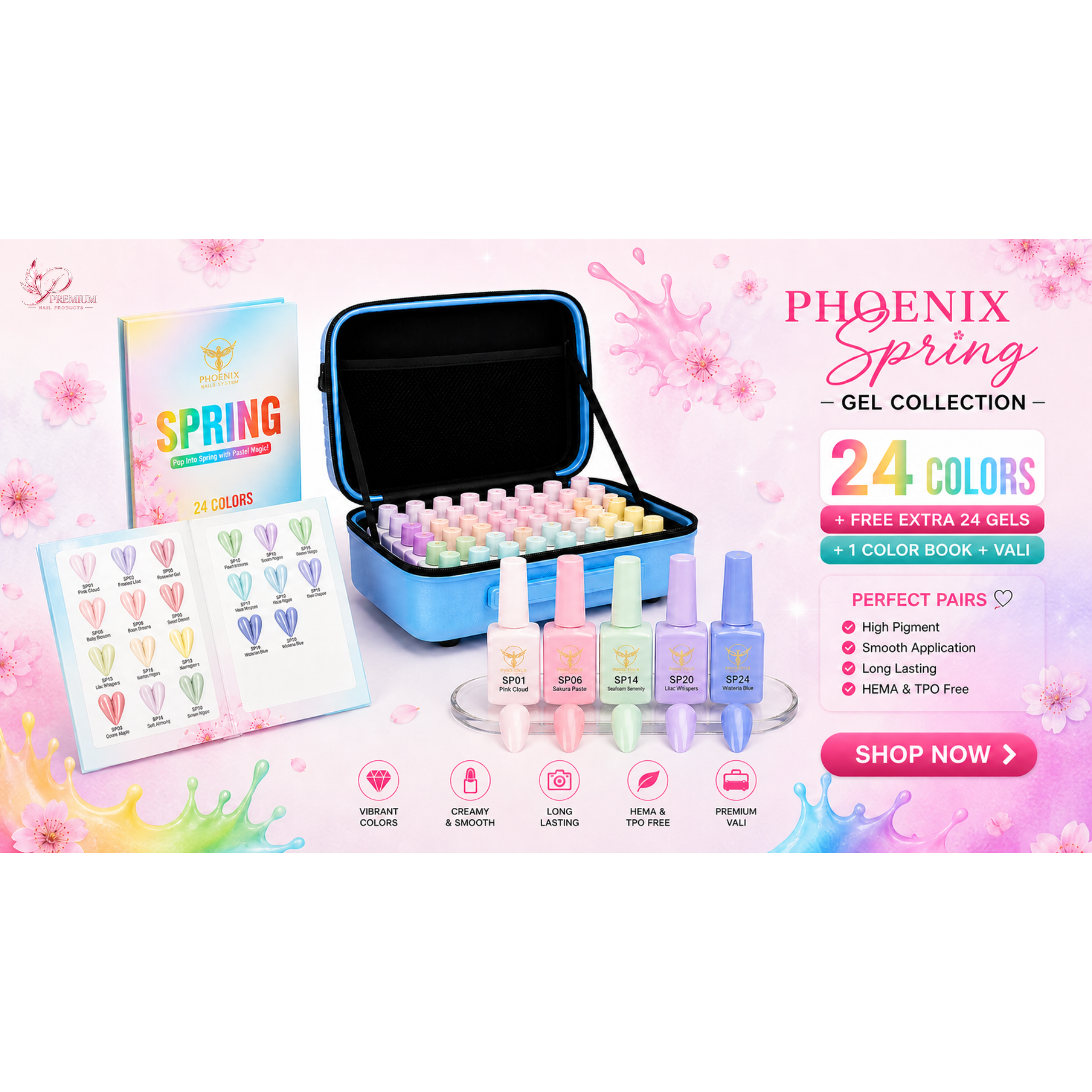 Phoenix Spring Gel Collection 24 Colors - Free Extra 24 Gels + 1 Color Book + Vali