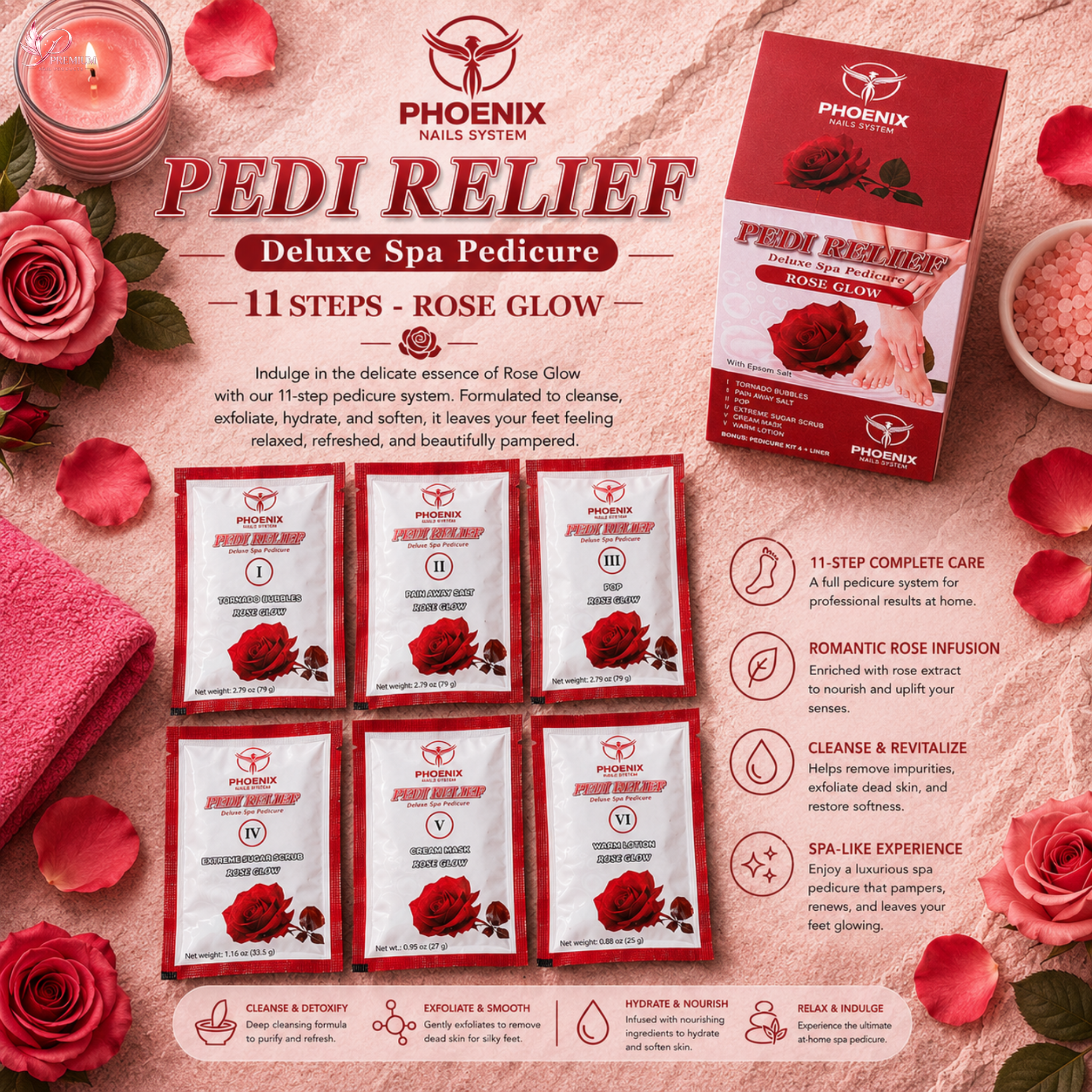PHOENIX Pedi Relief Deluxe Spa Pedicure 11 Steps - Rose Glow - BUY 10 FREE 1