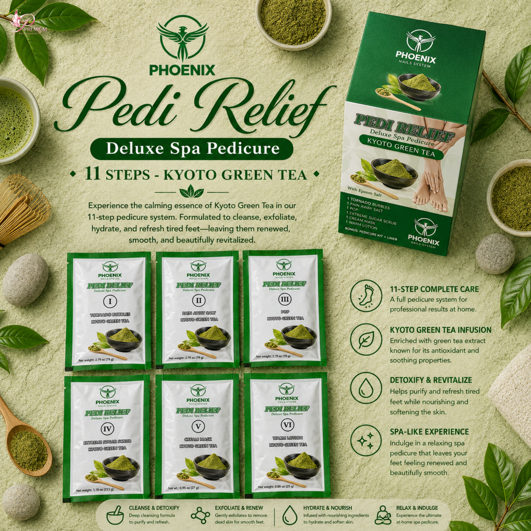 PHOENIX Pedi Relief Deluxe Spa Pedicure 11 Steps - Kyoto Green Tea - BUY 10 FREE 1