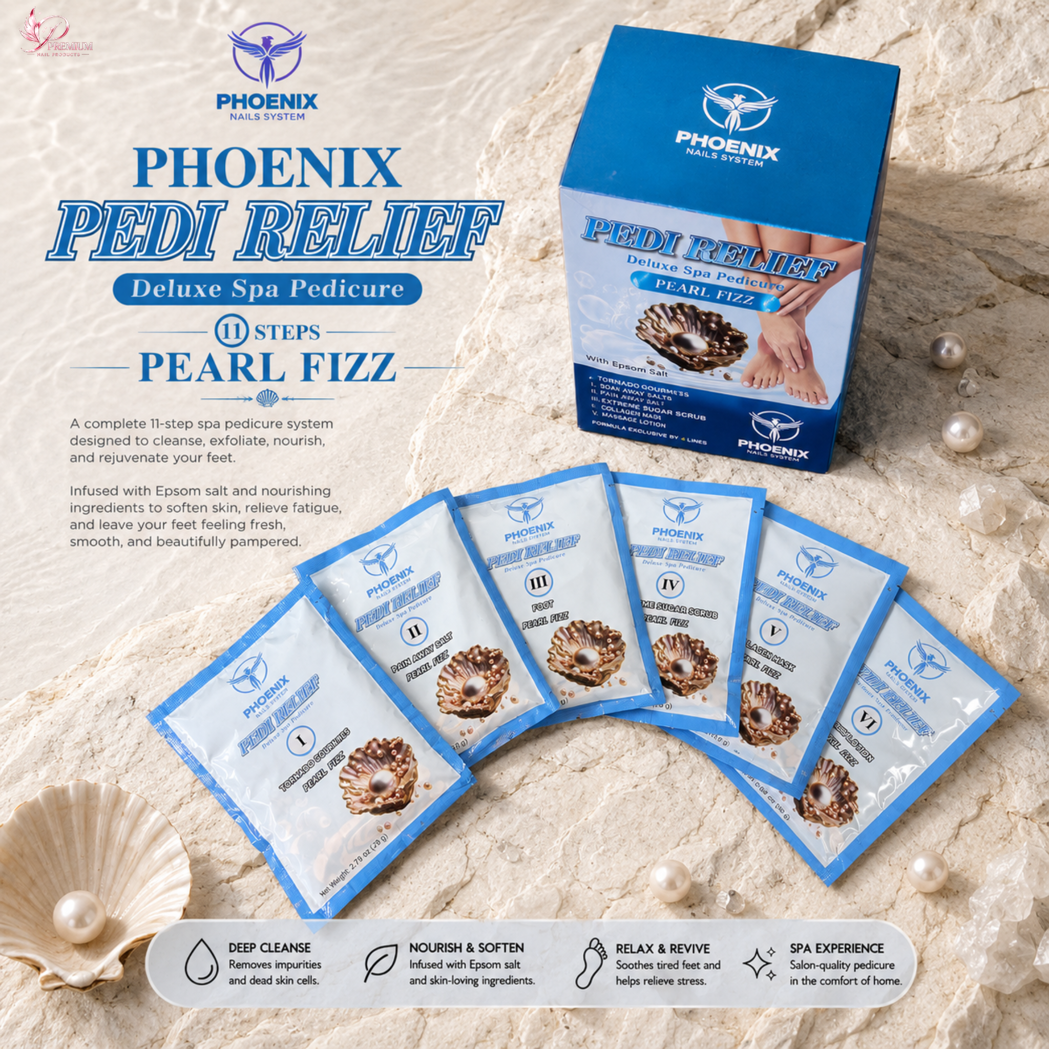 PHOENIX Pedi Relief Deluxe Spa Pedicure 11 Steps - Pearl Fizz - BUY 10 FREE 1