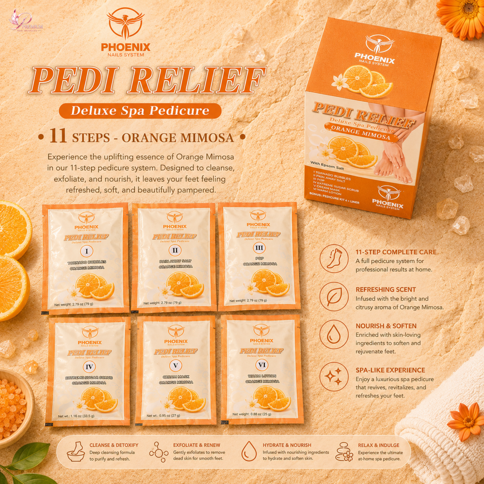 PHOENIX Pedi Relief Deluxe Spa Pedicure 11 Steps - Orange Mimosa - BUY 10 FREE 1
