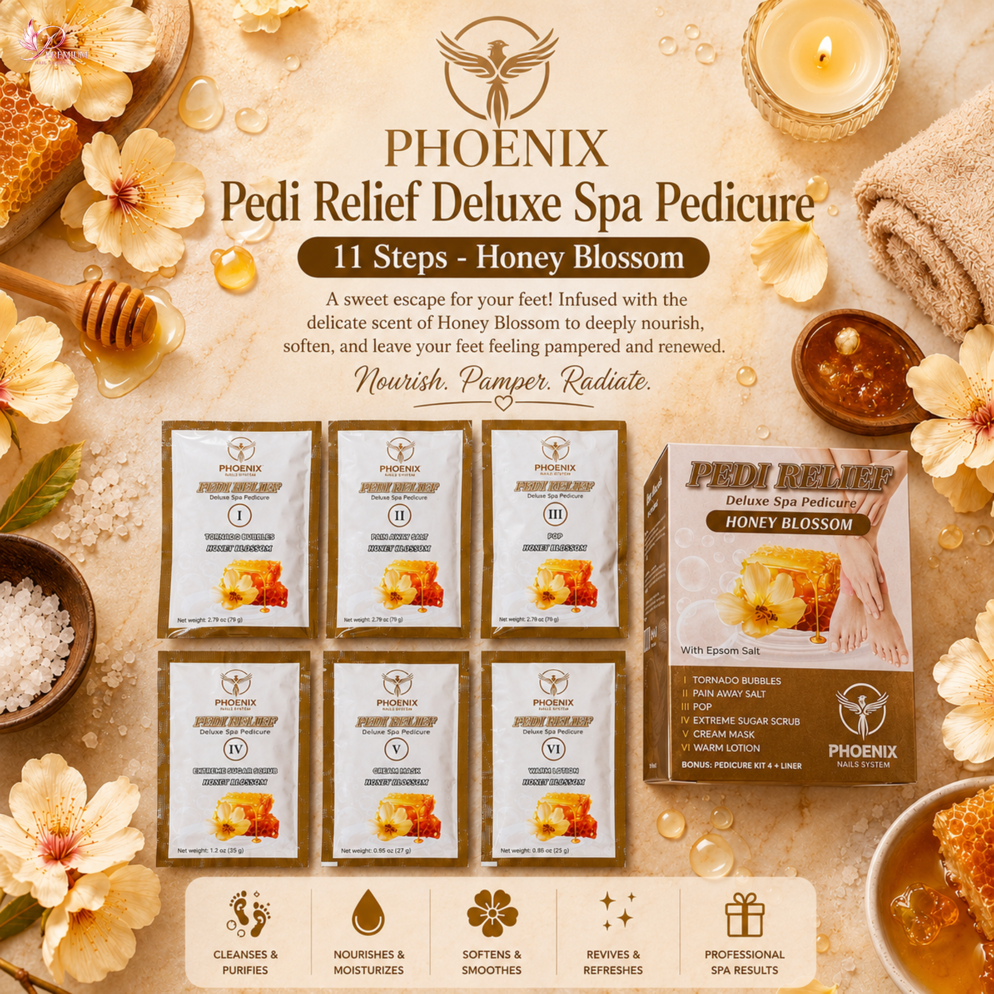PHOENIX Pedi Relief Deluxe Spa Pedicure 11 Steps - Honey Blossom - BUY 10 FREE 1