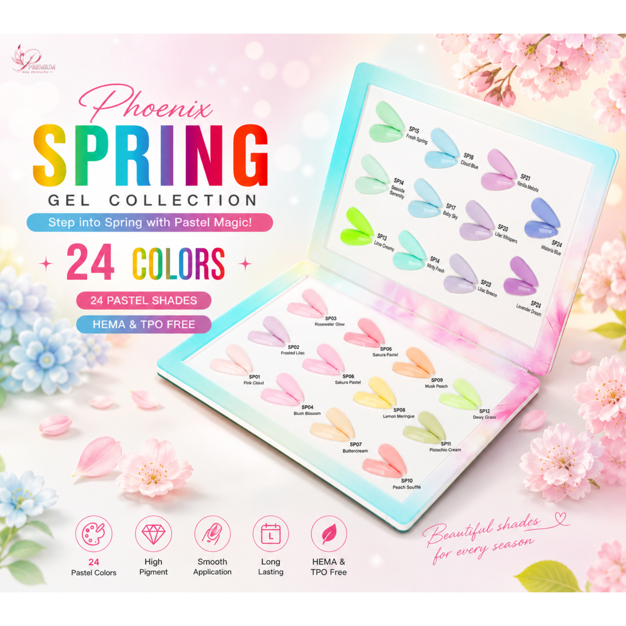 Phoenix Spring Gel Collection 24 Colors - Free Extra 24 Gels + 1 Color Book + Vali
