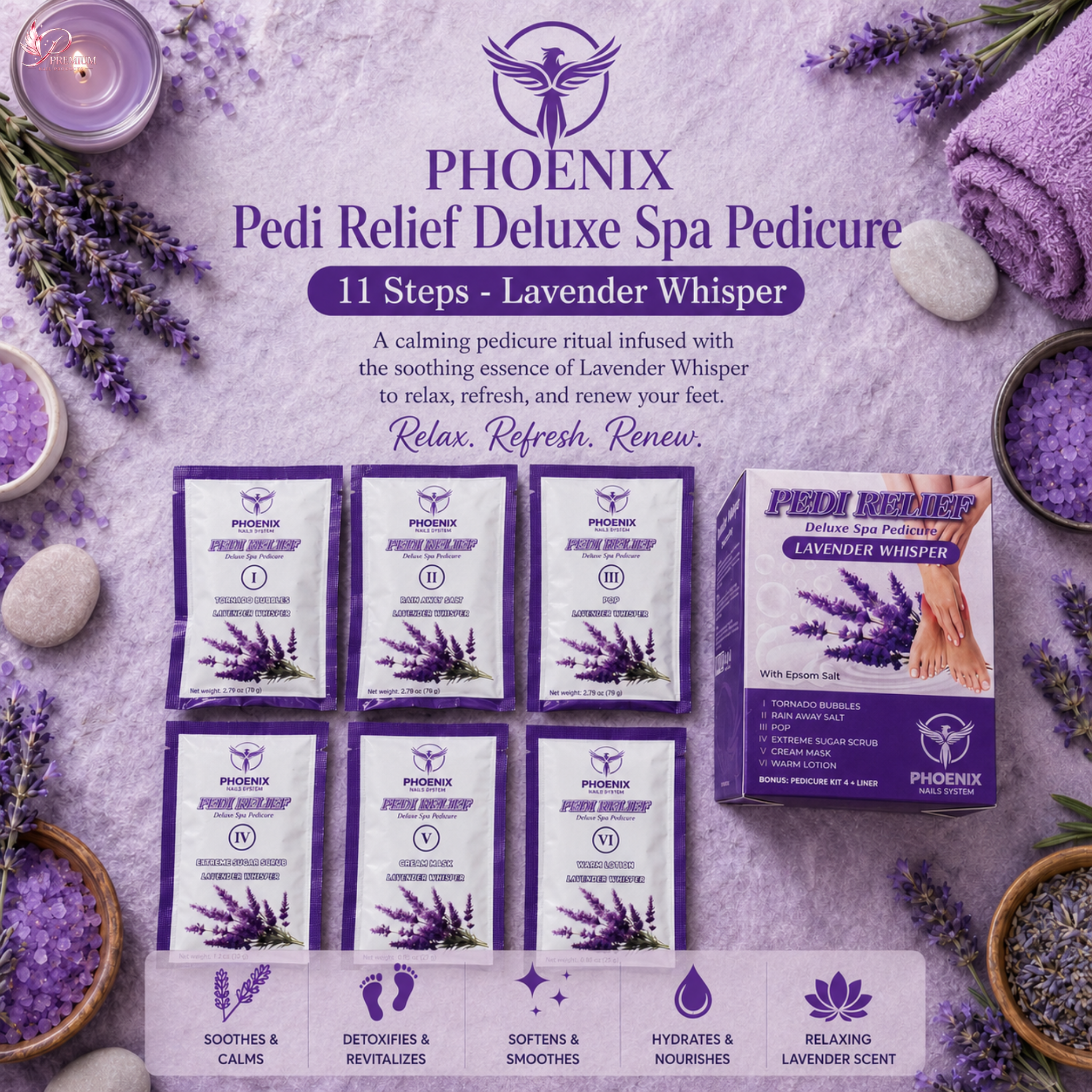 PHOENIX Pedi Relief Deluxe Spa Pedicure 11 Steps - Lavender Whisper - BUY 10 FREE 1