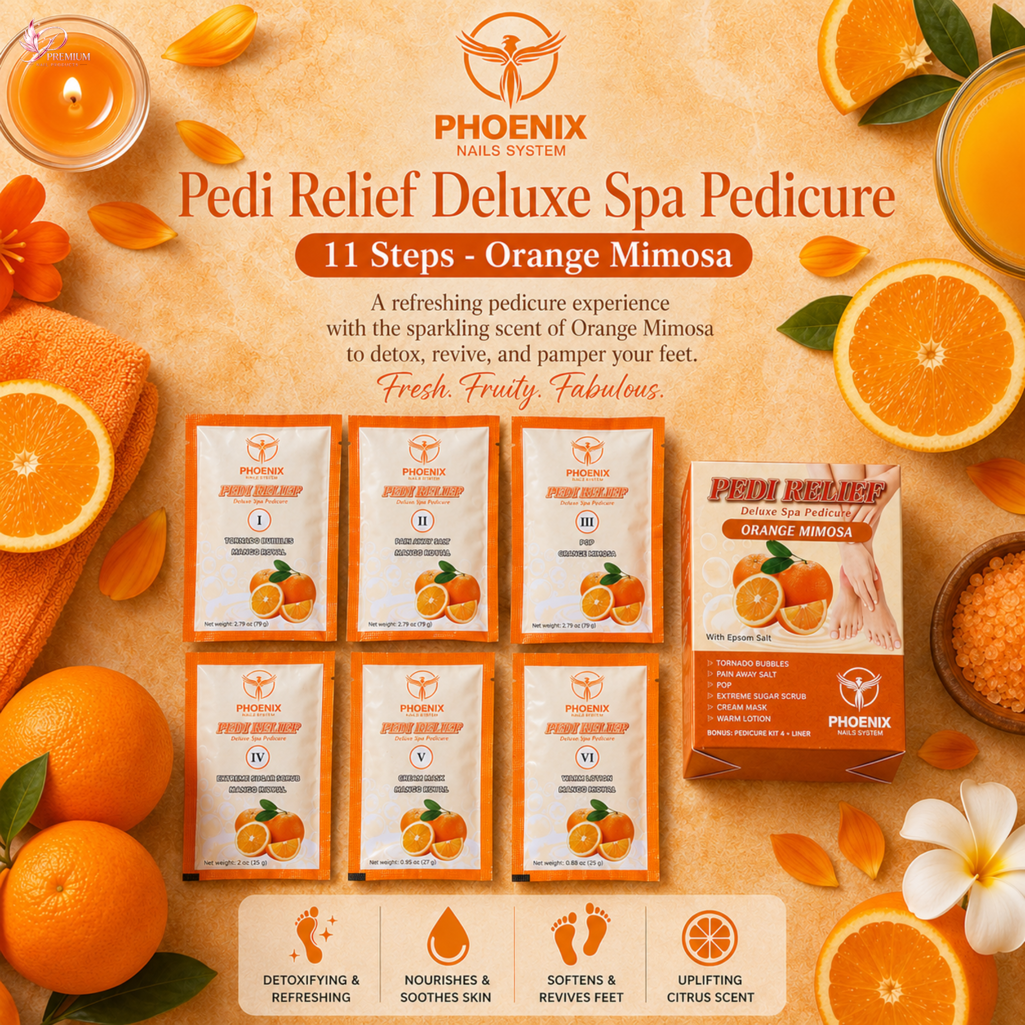 PHOENIX Pedi Relief Deluxe Spa Pedicure 11 Steps - Orange Mimosa - BUY 10 FREE 1