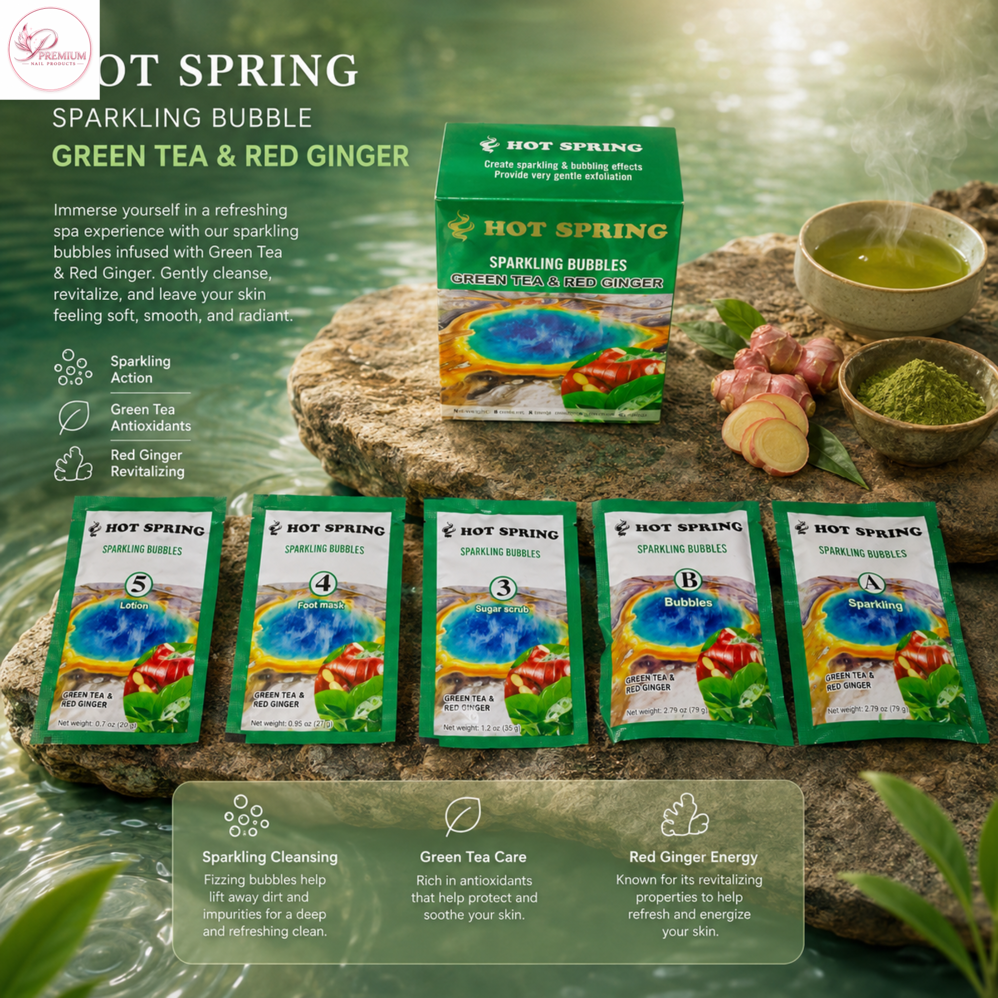 Hot Spring Sparkling Bubbles 5in1 Green Tea & Red Ginger + Free Pedicure Liner