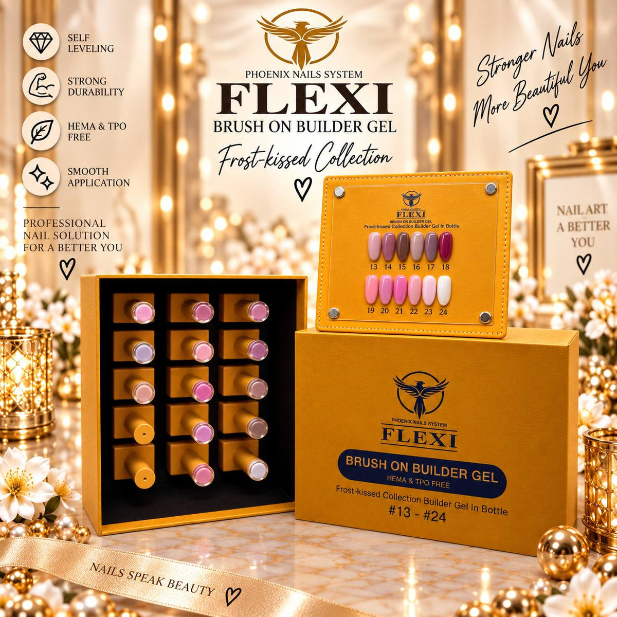 PHOENIX FLEXI Builder Gel (In Bottle) BIAB #13 - #24 colors - 20ml (Included Color Chart) - Frost-Kissed Collection