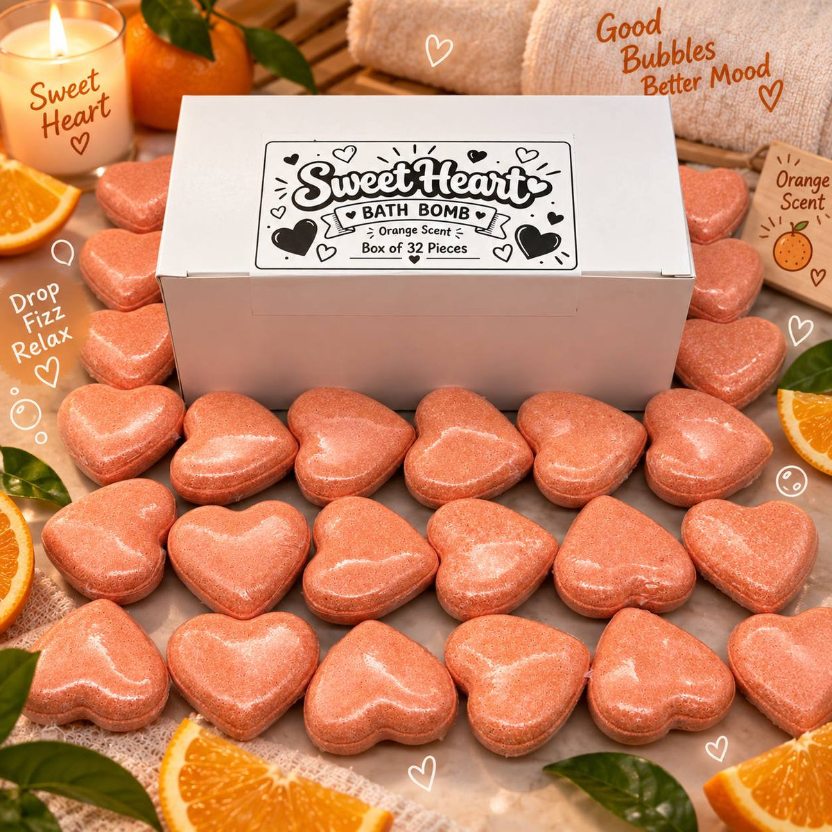 Bath Bomb Sweet Heart (Orange Scent) - Box of 32pcs