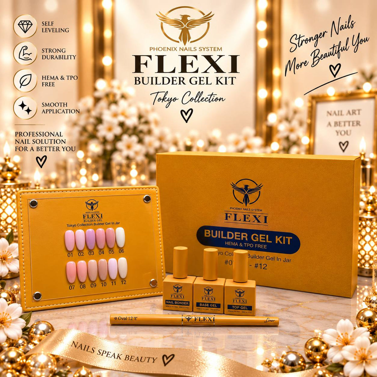 PHOENIX FLEXI Builder Gel (In Jar) BIAJ #1 - #12 colors - 50ml (Included Color Chart) - Tokyo Collection