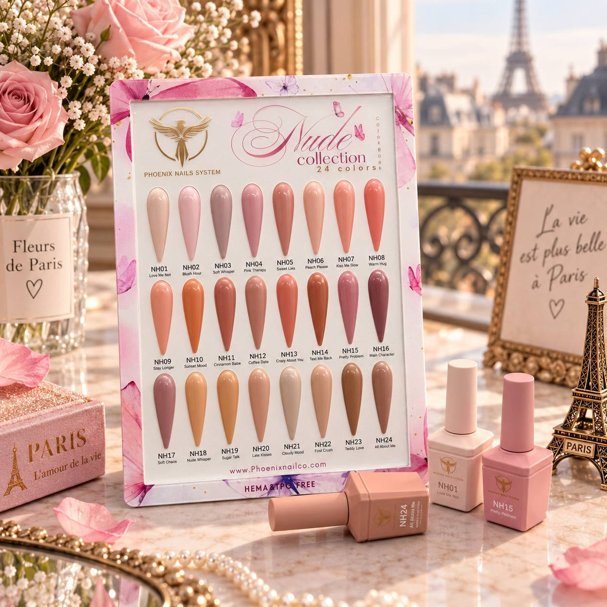 Phoenix NUDE Gel Collection 24 Colors - Free Extra 24 Gels + 1 Color Book + Vali + Free 6 MS Acrylic Powders 2oz