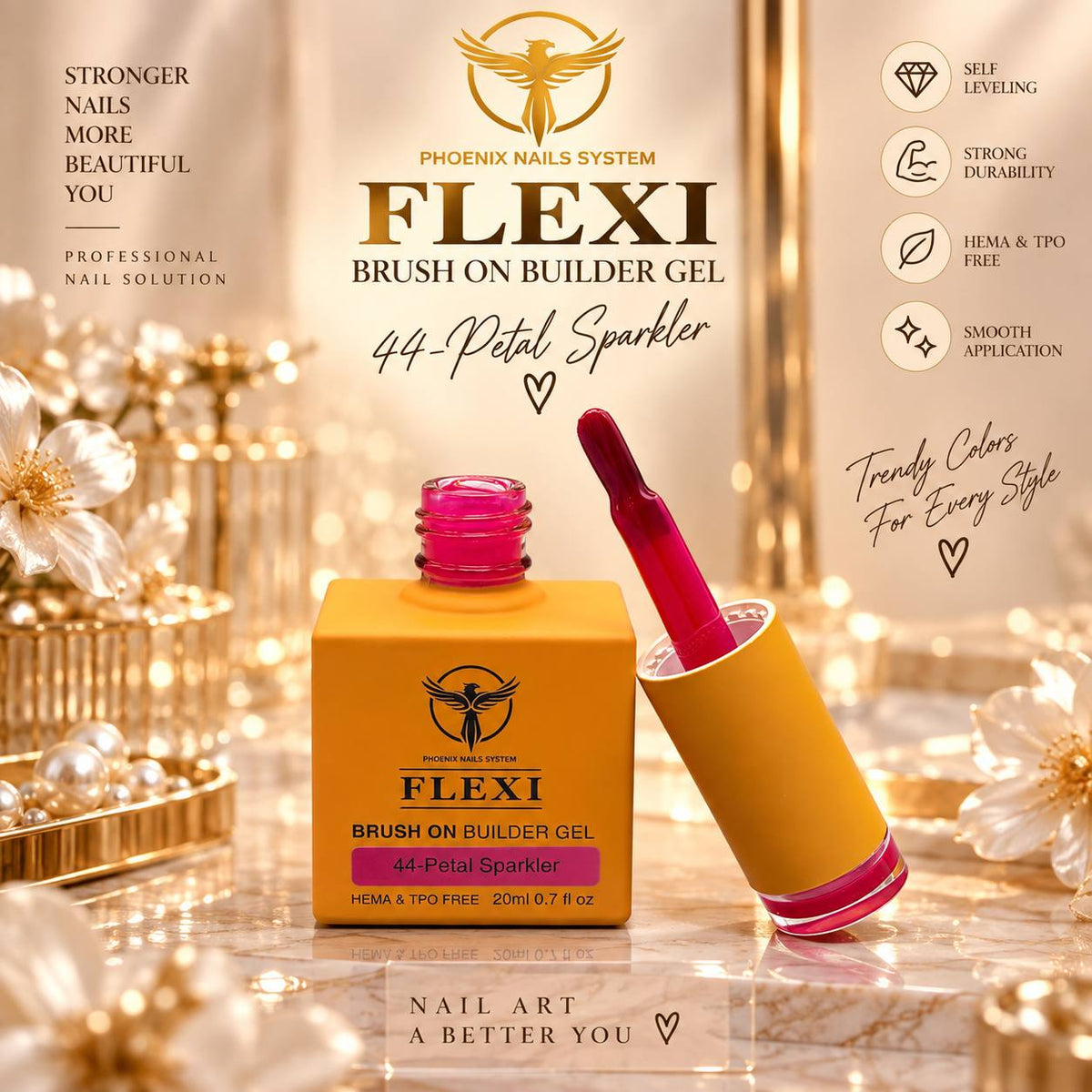 PHOENIX FLEXI Builder Gel Brush On (In Bottle) 60 colors Master Kit (Included Color Chart) - Free Extra Top + Base + Bond Refill (8oz)