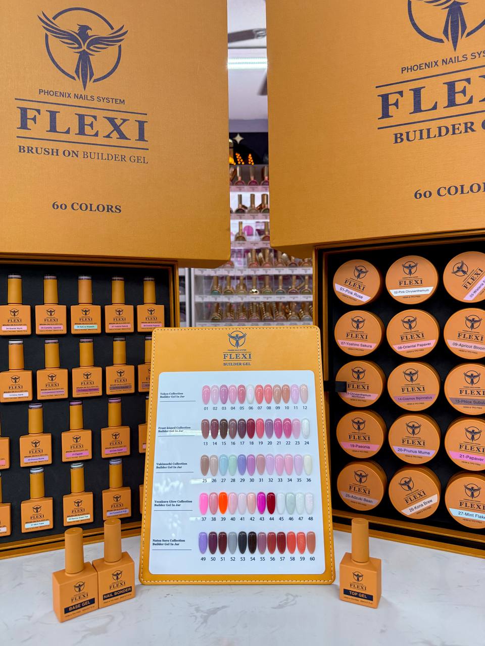 PHOENIX FLEXI Builder Gel (In Jar) 60 colors Master Kit (Included Color Chart) - Free Extra Top + Base + Bond Refill (8oz)