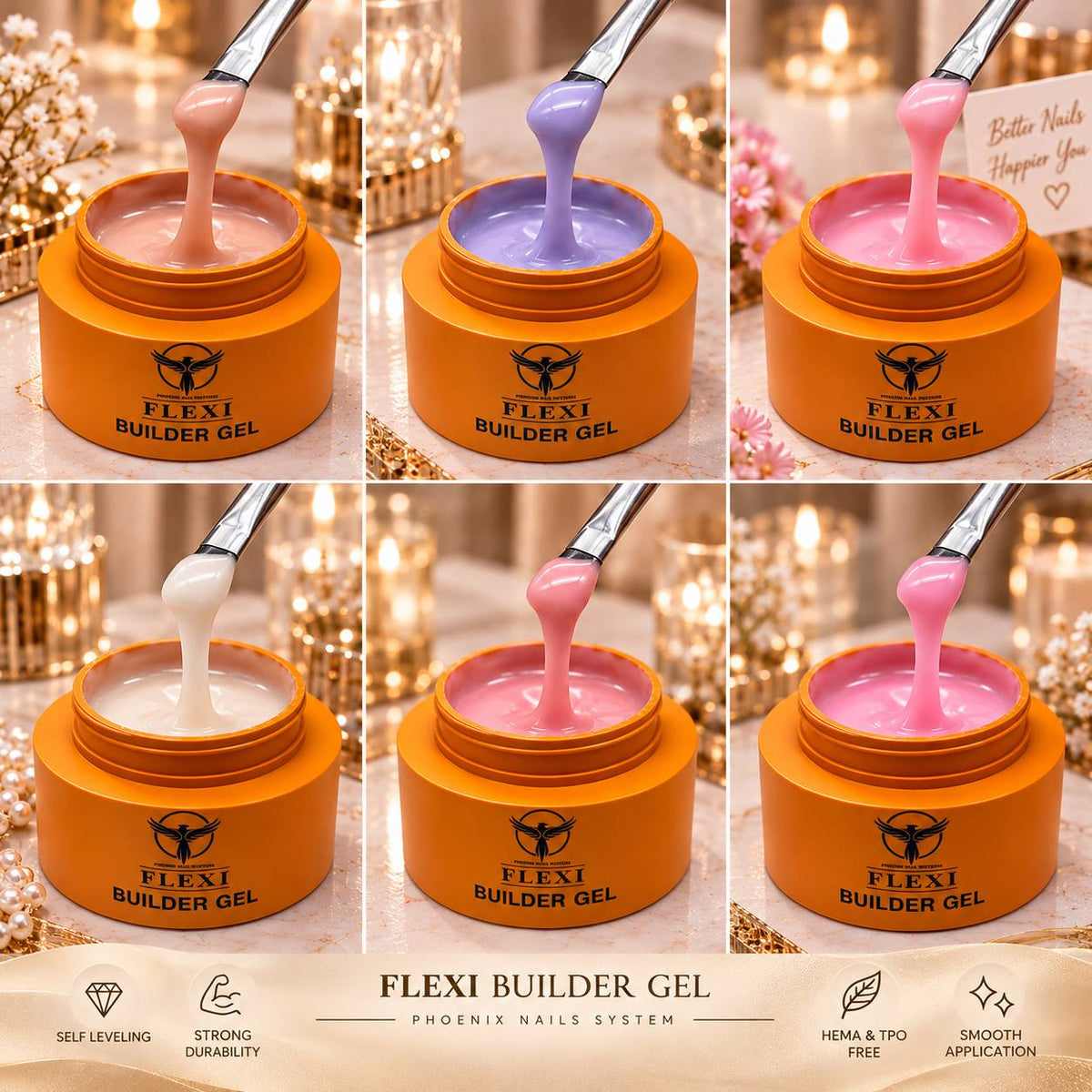 PHOENIX FLEXI Builder Gel (In Jar) 60 colors Master Kit (Included Color Chart) - Free Extra Top + Base + Bond Refill (8oz)