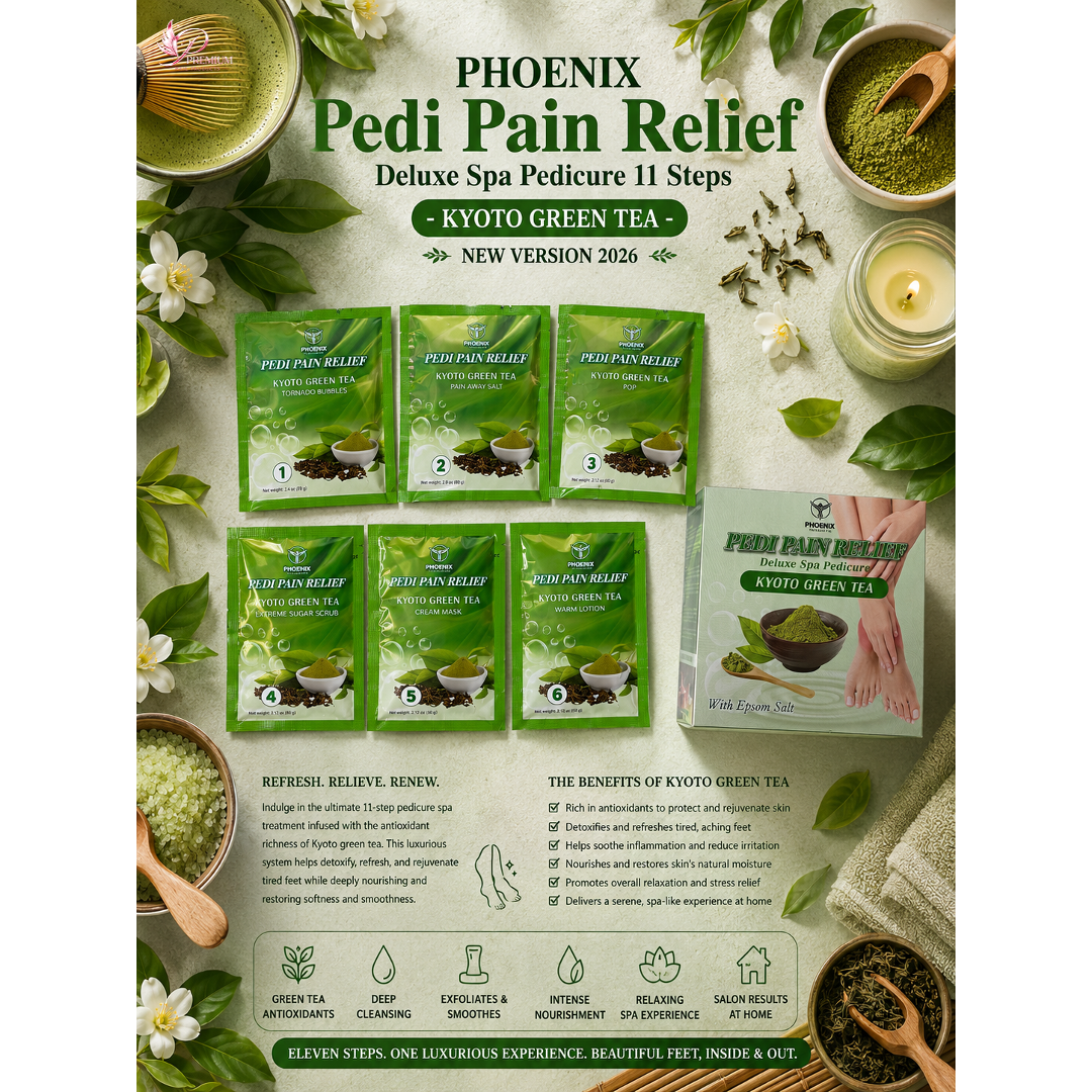 Phoenix Pedi Pain Relief With Epsom Salt 12 Step - 5pcs (Random Mix Scents) - NEW VERSION - Free Massage Candle + Pedi Kit & Liner