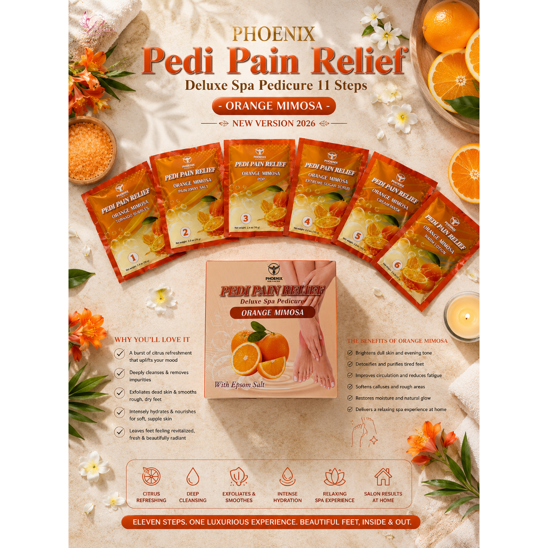 Phoenix Pedi Pain Relief With Epsom Salt 12 Step - 5pcs (Random Mix Scents) - NEW VERSION - Free Massage Candle + Pedi Kit & Liner
