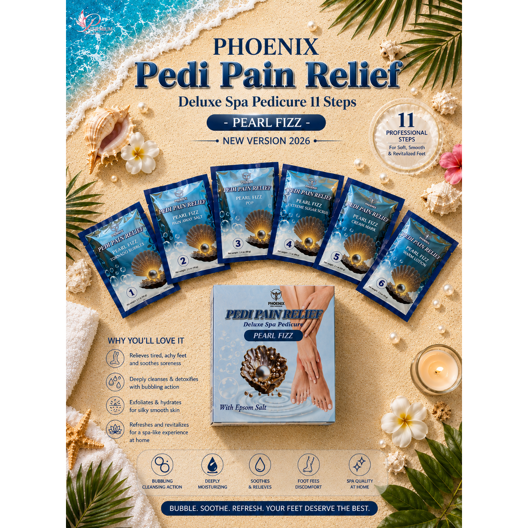 Phoenix Pedi Pain Relief With Epsom Salt 12 Step - 5pcs (Random Mix Scents) - NEW VERSION - Free Massage Candle + Pedi Kit & Liner