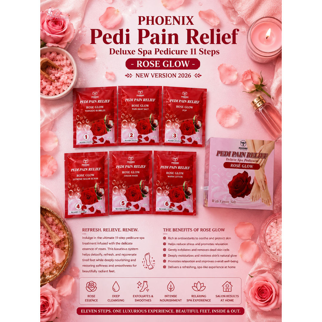 Phoenix Pedi Pain Relief With Epsom Salt 12 Step - 5pcs (Random Mix Scents) - NEW VERSION - Free Massage Candle + Pedi Kit & Liner