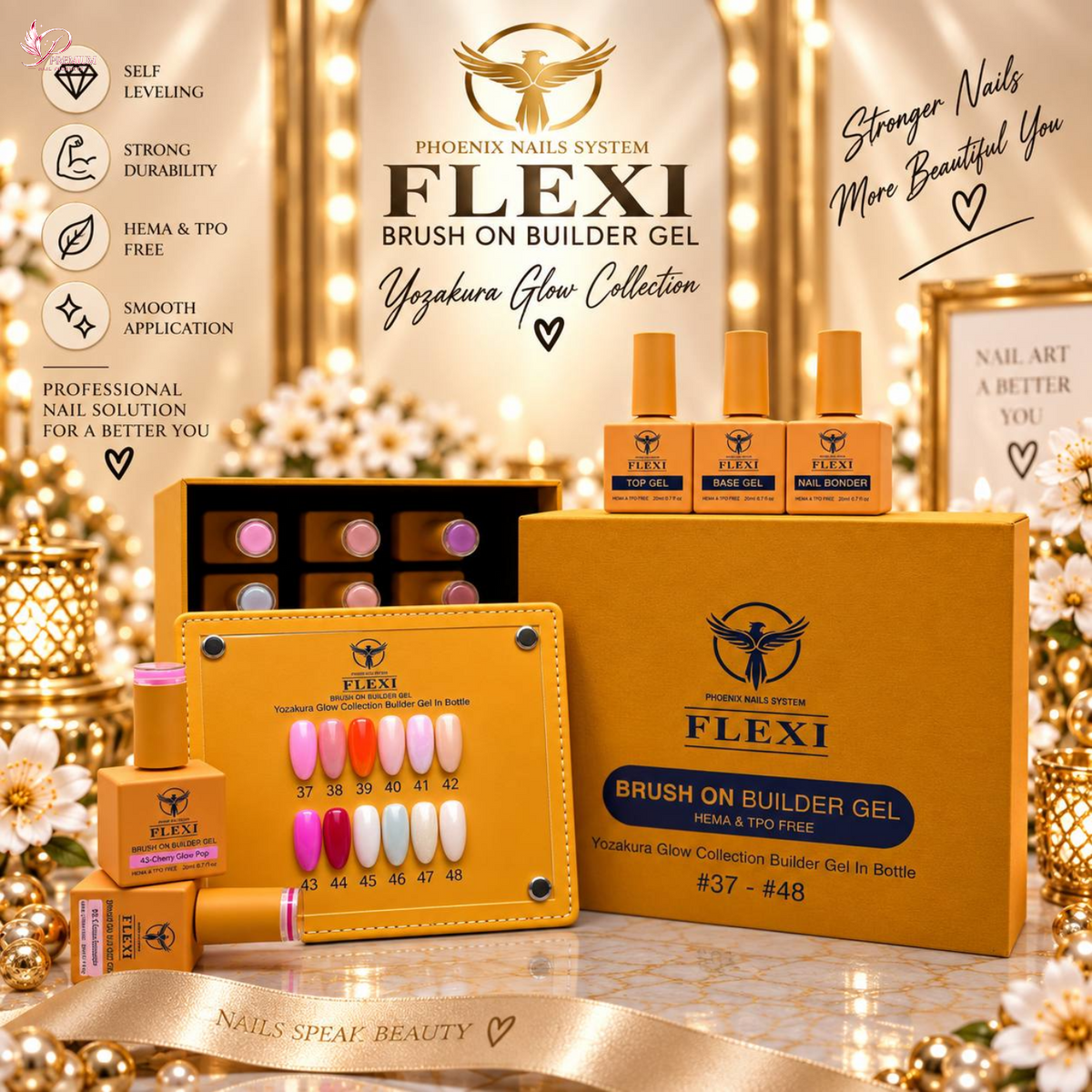 PHOENIX FLEXI Builder Gel (In Bottle) BIAB #37 - #48 colors - 20ml (Included Color Chart) - Yozakura Glow Collection