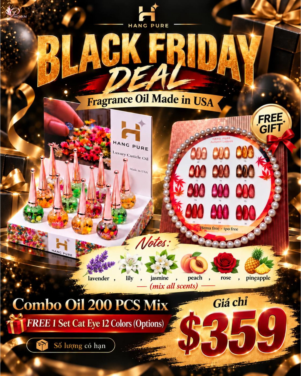 COMBO 200 HANG Fragrance Cuticle Oil Made in USA + Free 1 Set Cat Eye 12 Colors (Options) + Free Paper Rack