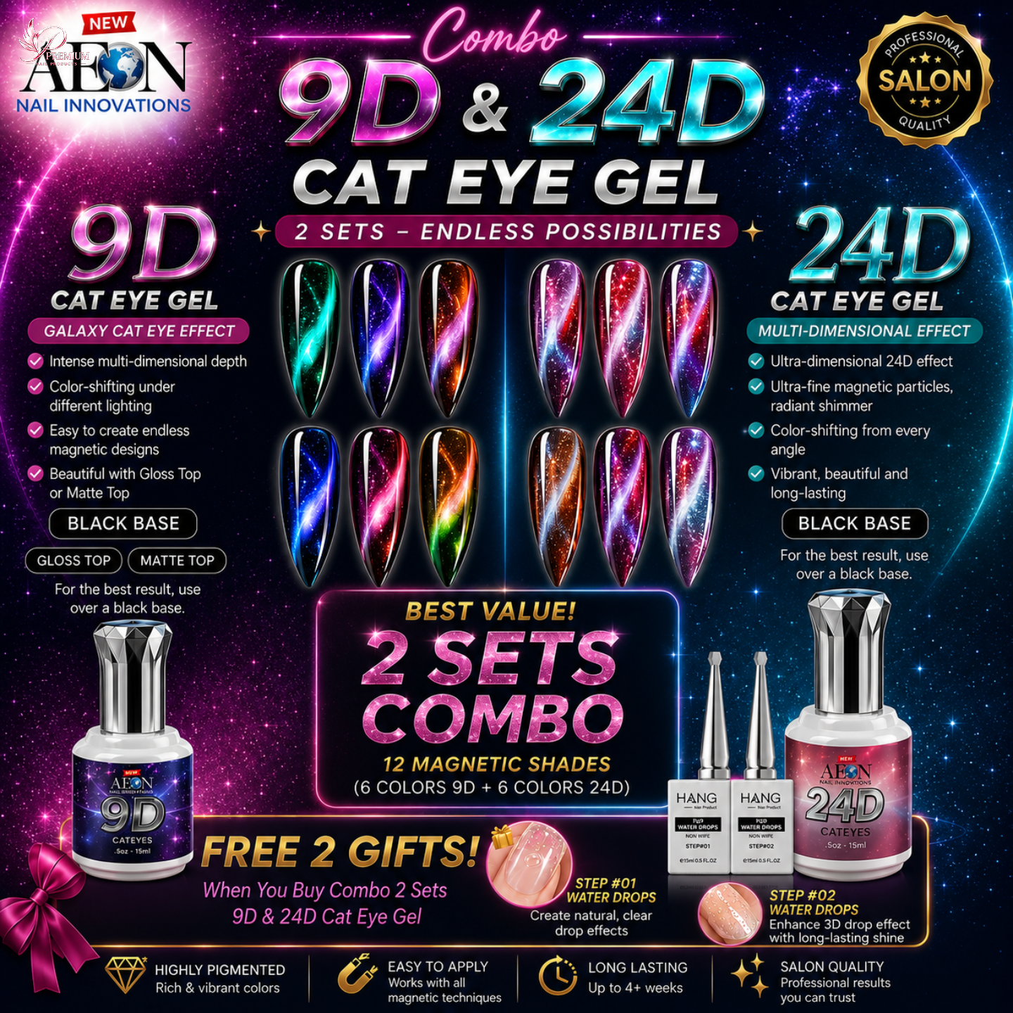 AEON Cat Eye 9D & 24D (12 Colors) Galaxy Effect - FREE 1 SET HANG WATER DROP + RING MAGNET - LIMITED TIME ONLY