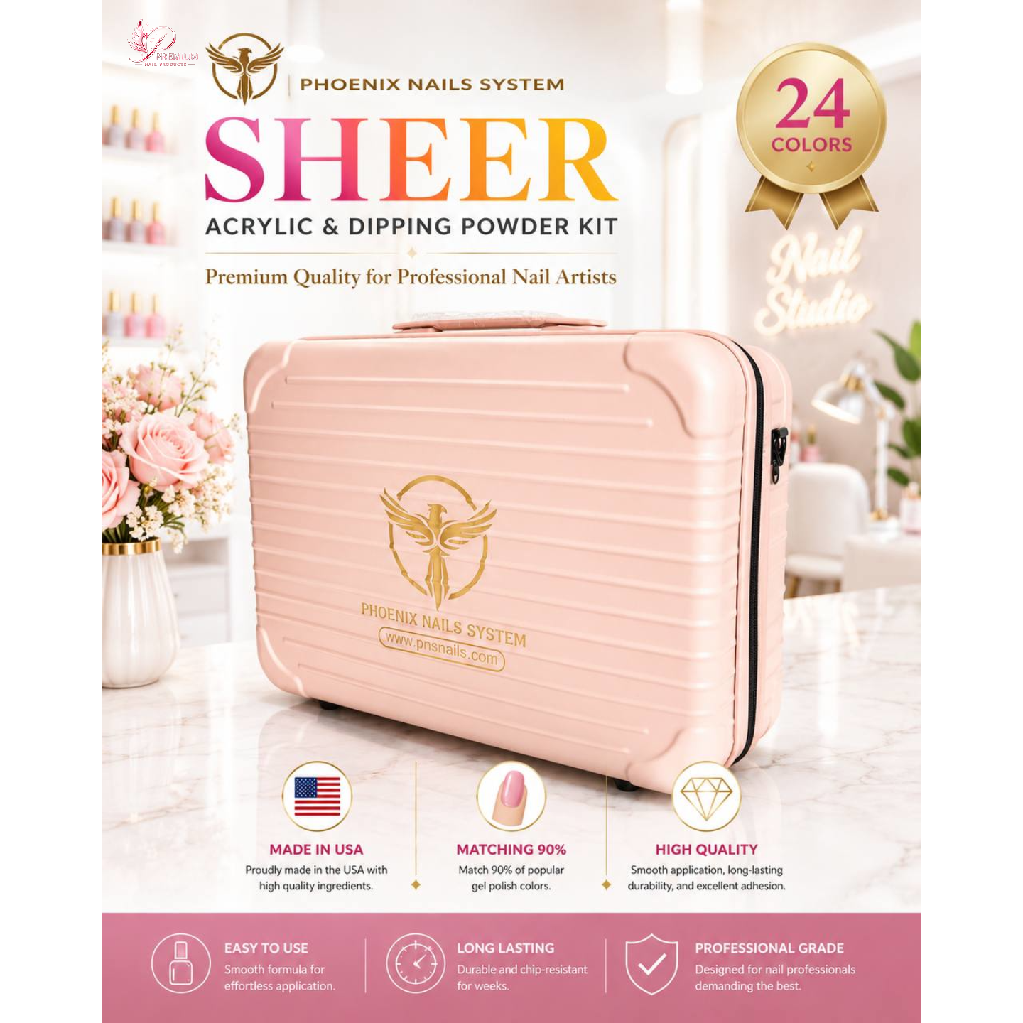 Phoenix SHEER Dip & Acrylic Powder Collection 24 Colors - Free 1 Color Book + Vali - FREE Acrylic Brush PHOENIX - LIMITED TIME ONLY
