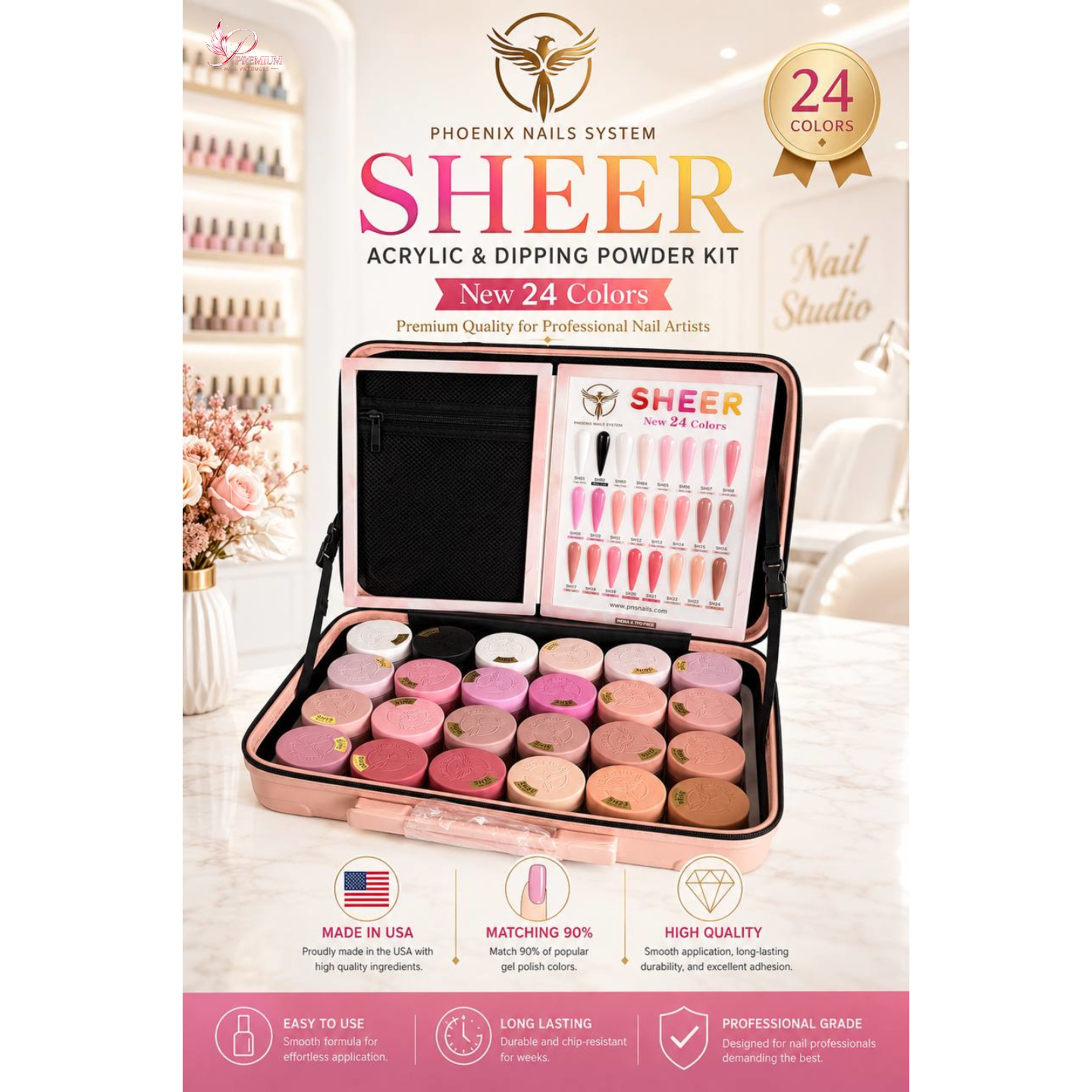 Phoenix SHEER Dip & Acrylic Powder Collection 24 Colors - Free 1 Color Book + Vali - FREE Acrylic Brush PHOENIX - LIMITED TIME ONLY