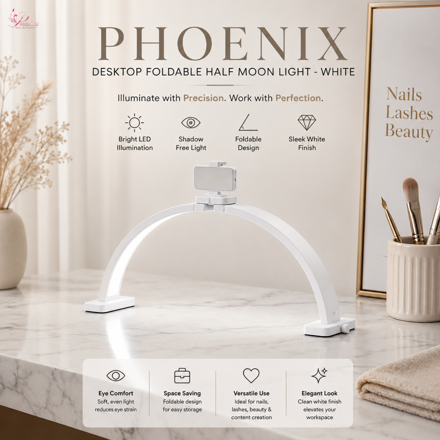 Phoenix Desktop Foldable Half Moon Light - White