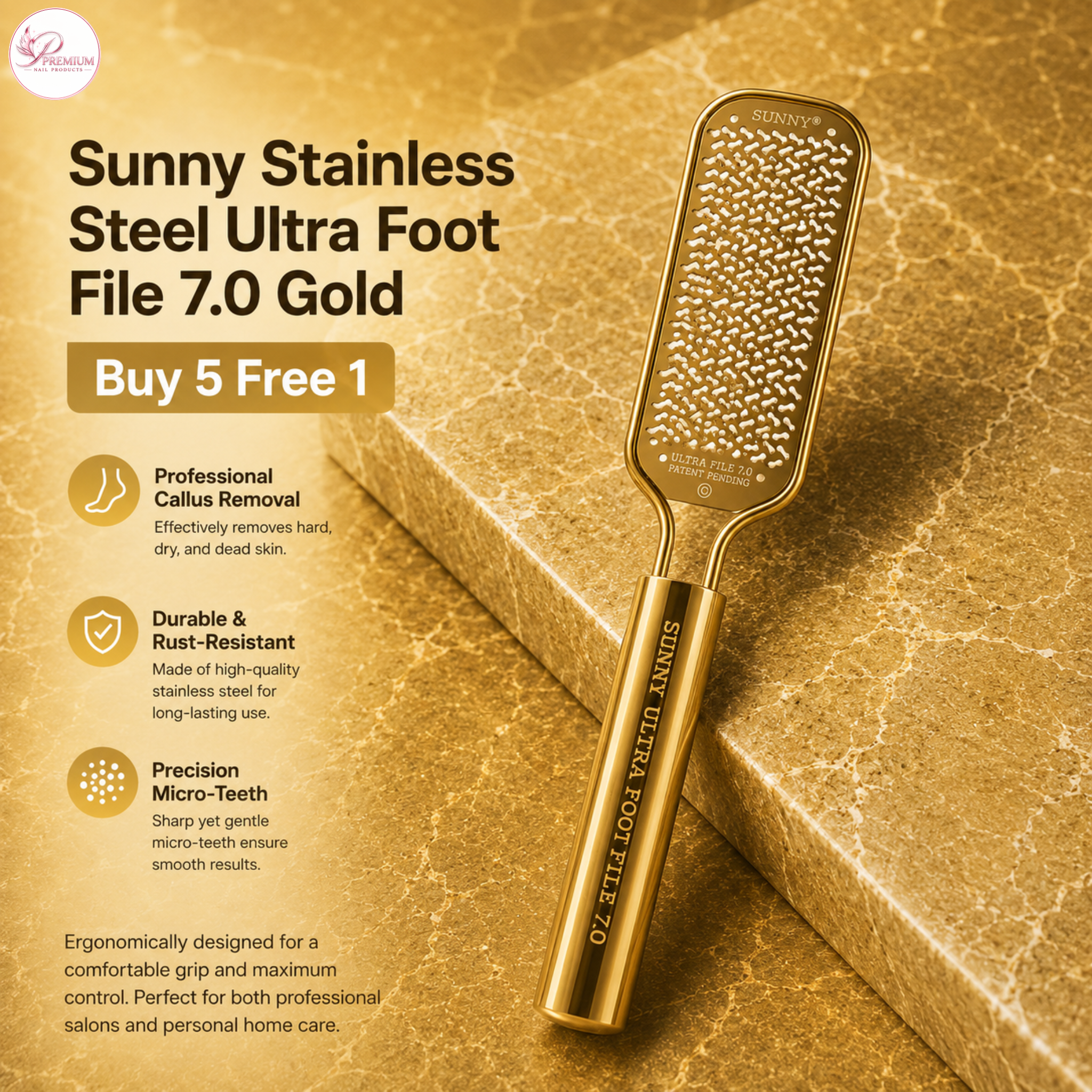 Sunny Stainless Steel Ultra Foot File 7.0 Gold - Buy 5 Free 1