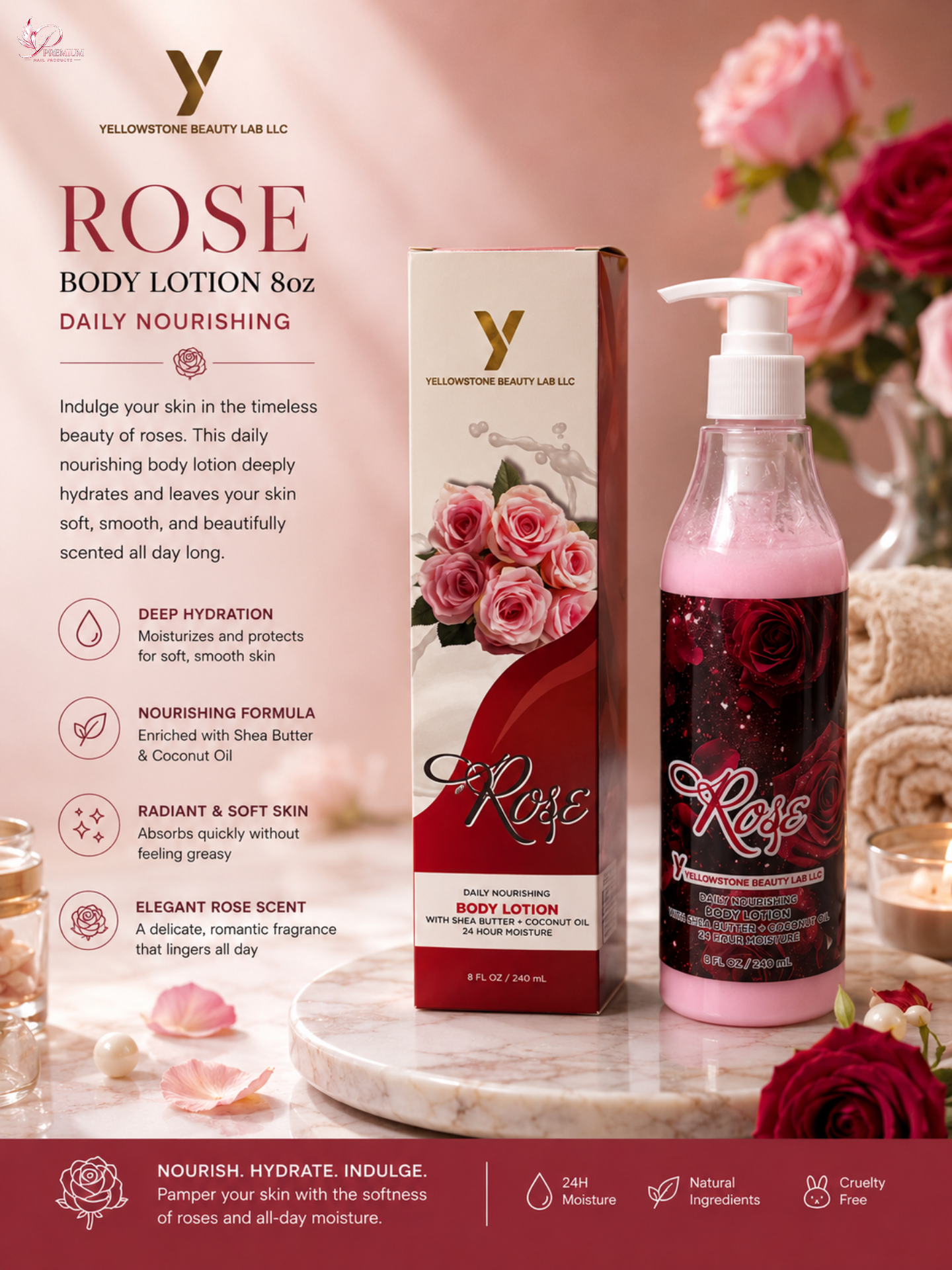 Yellowstone Body Lotion 8oz - Rose - Free Gift Box