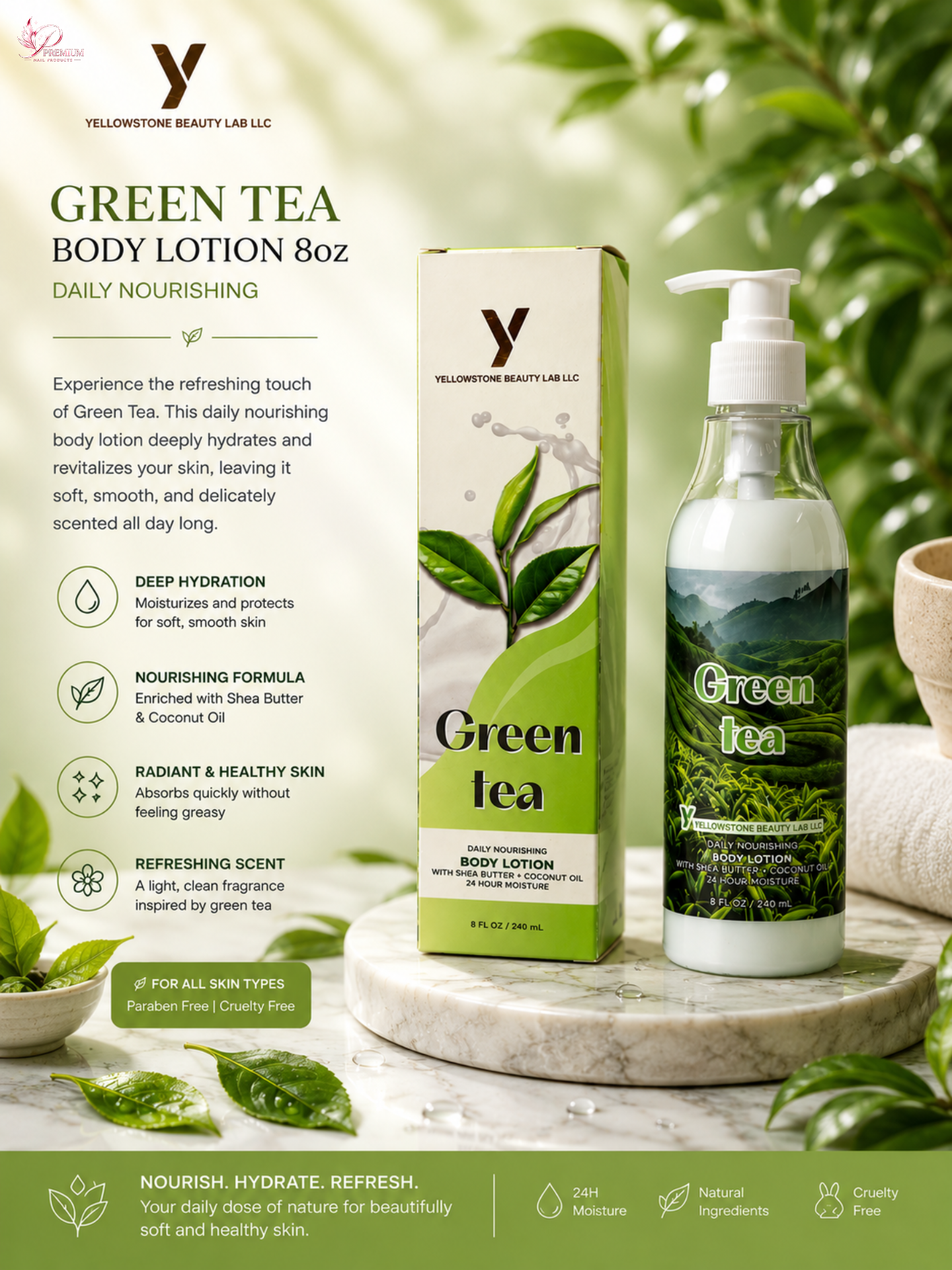 Yellowstone Body Lotion 8oz - Green Tea - Free Gift Box
