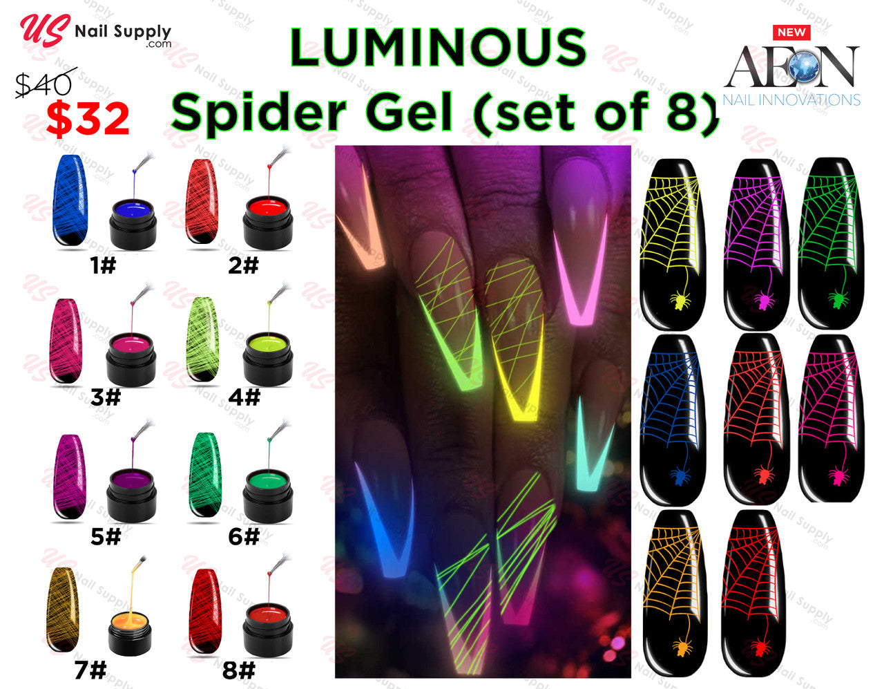 Aeon Spider Gel Glow In The Dark (set of 8) + Free 3 Design Brushes
