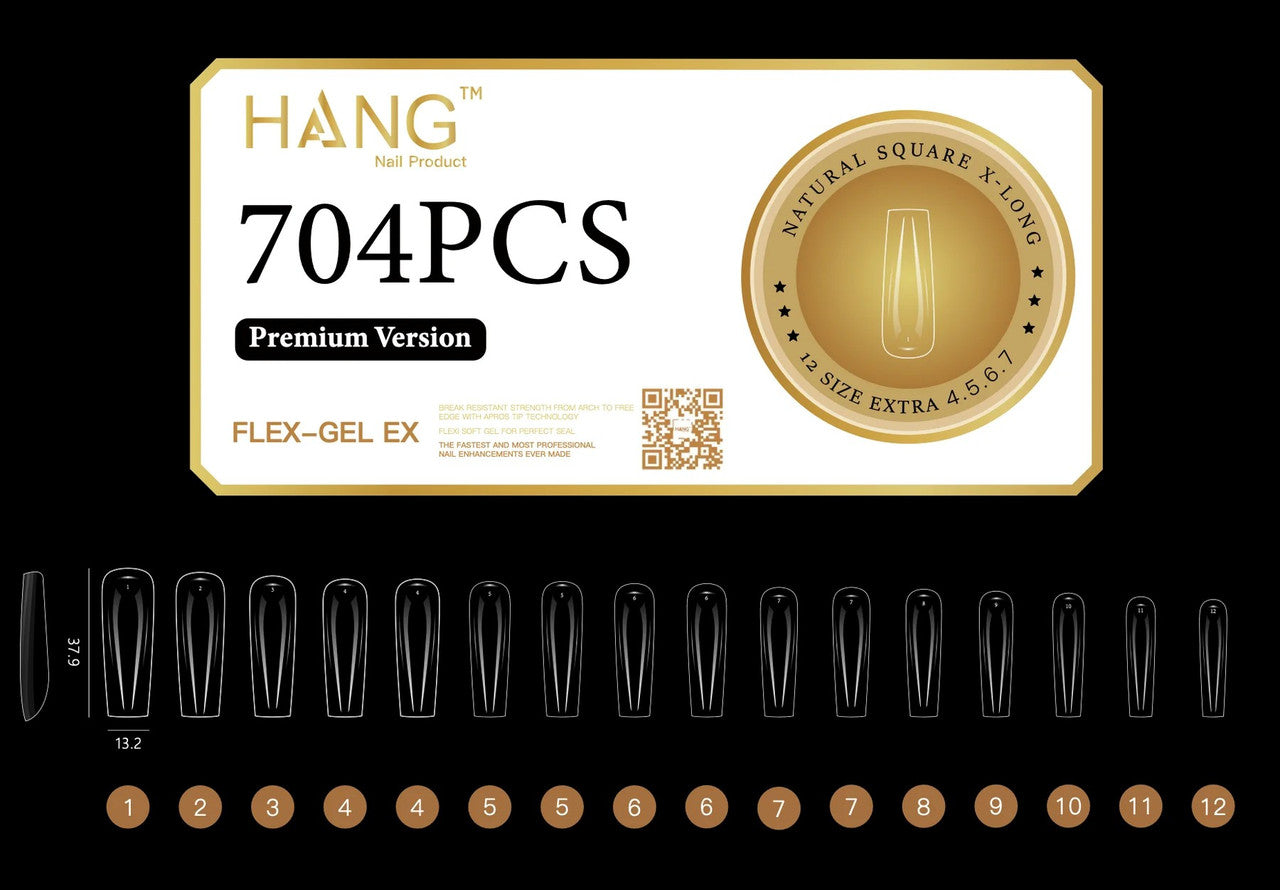 HANG Gel -X Tips Premium Version - Square X-Long 704pcs / 12 Sizes