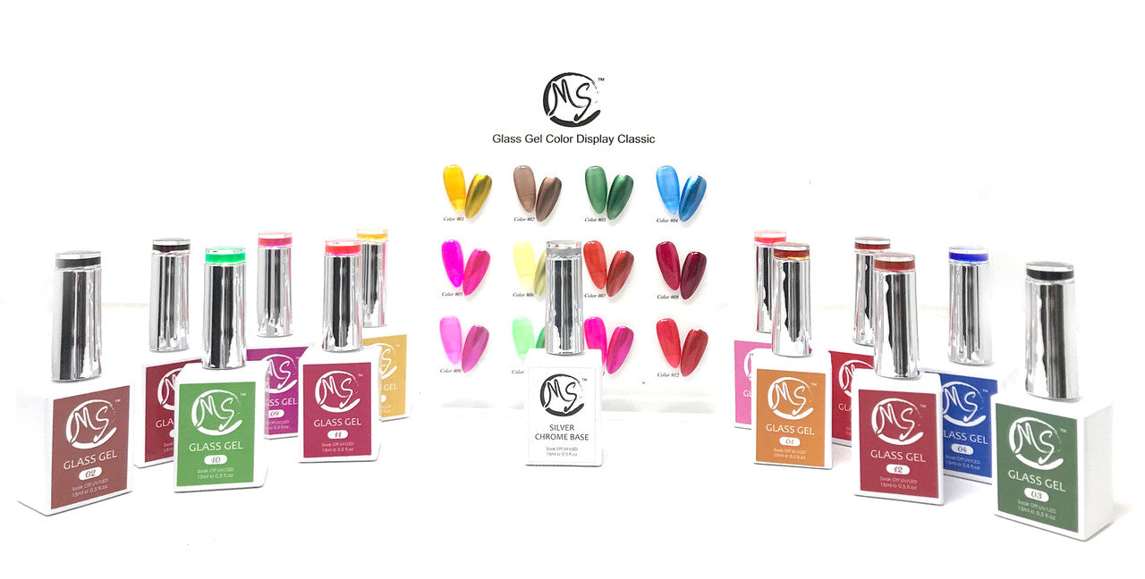 MS Glass Gel 12 Colors + Free 1 Silver Chrome Base + 1 Sample Tip