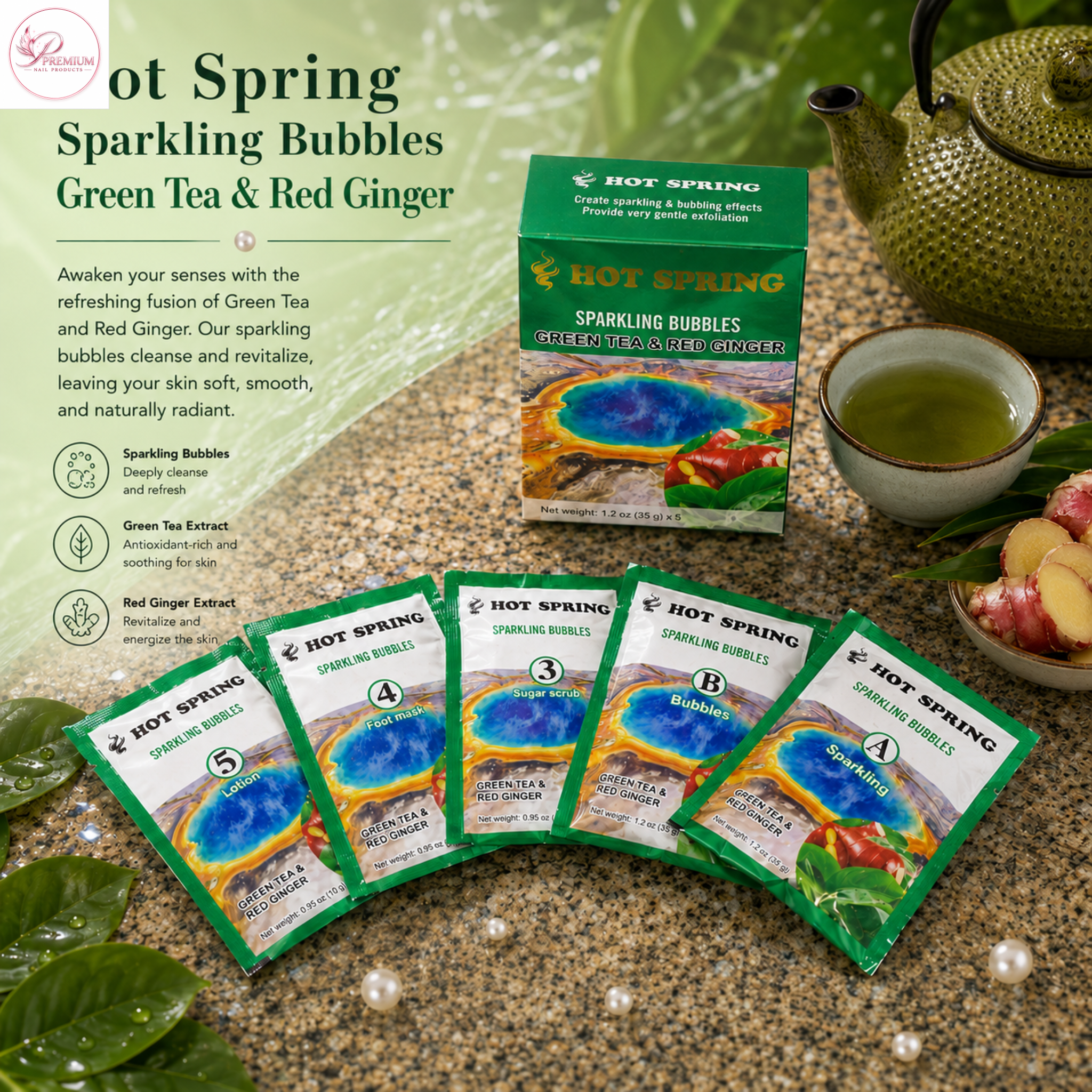 Hot Spring Sparkling Bubbles 5in1 Green Tea & Red Ginger + Free Pedicure Liner