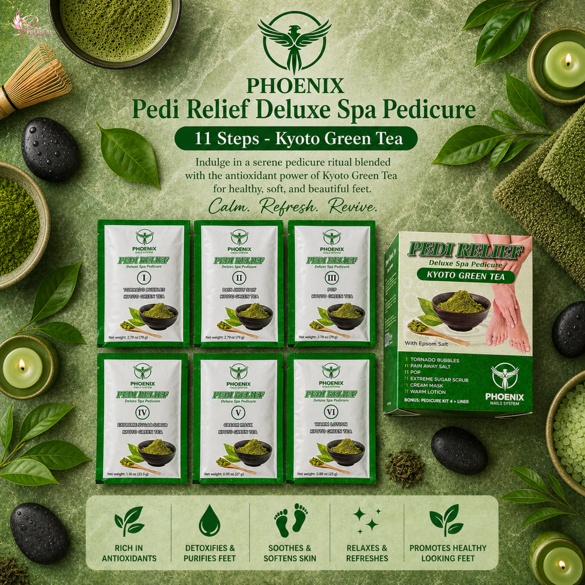 PHOENIX Pedi Relief Deluxe Spa Pedicure 11 Steps - Kyoto Green Tea - BUY 10 FREE 1