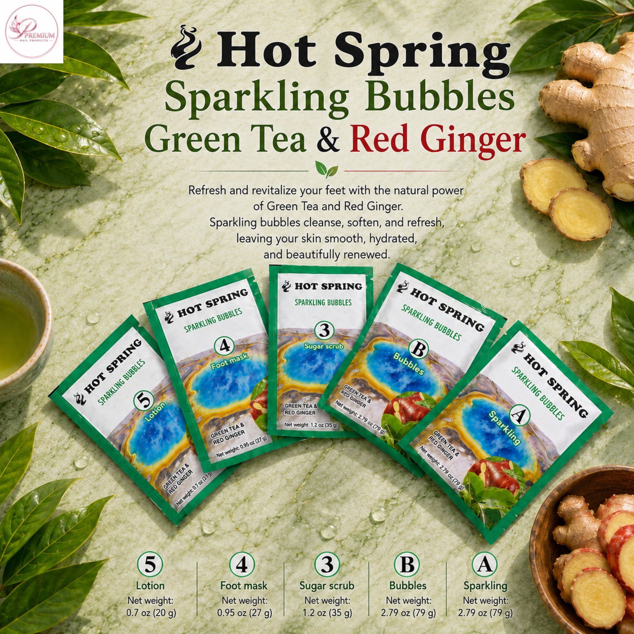 Hot Spring Sparkling Bubbles 5in1 Green Tea & Red Ginger + Free Pedicure Liner