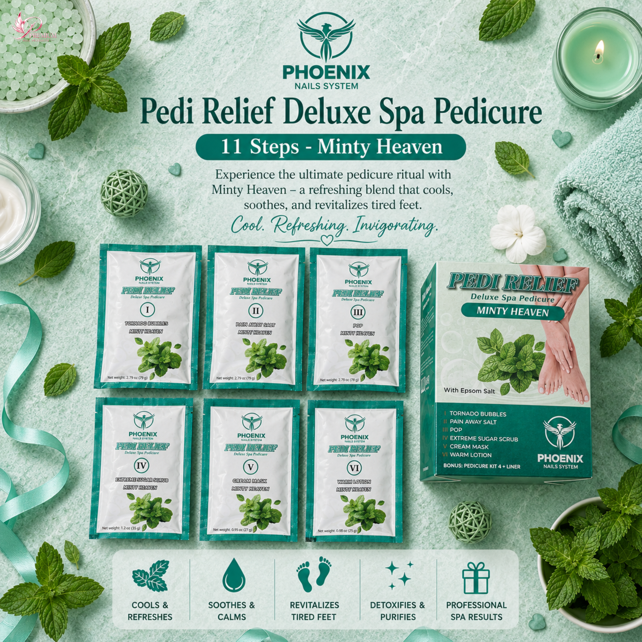 PHOENIX Pedi Relief Deluxe Spa Pedicure 11 Steps - Minty Heaven - BUY 10 FREE 1