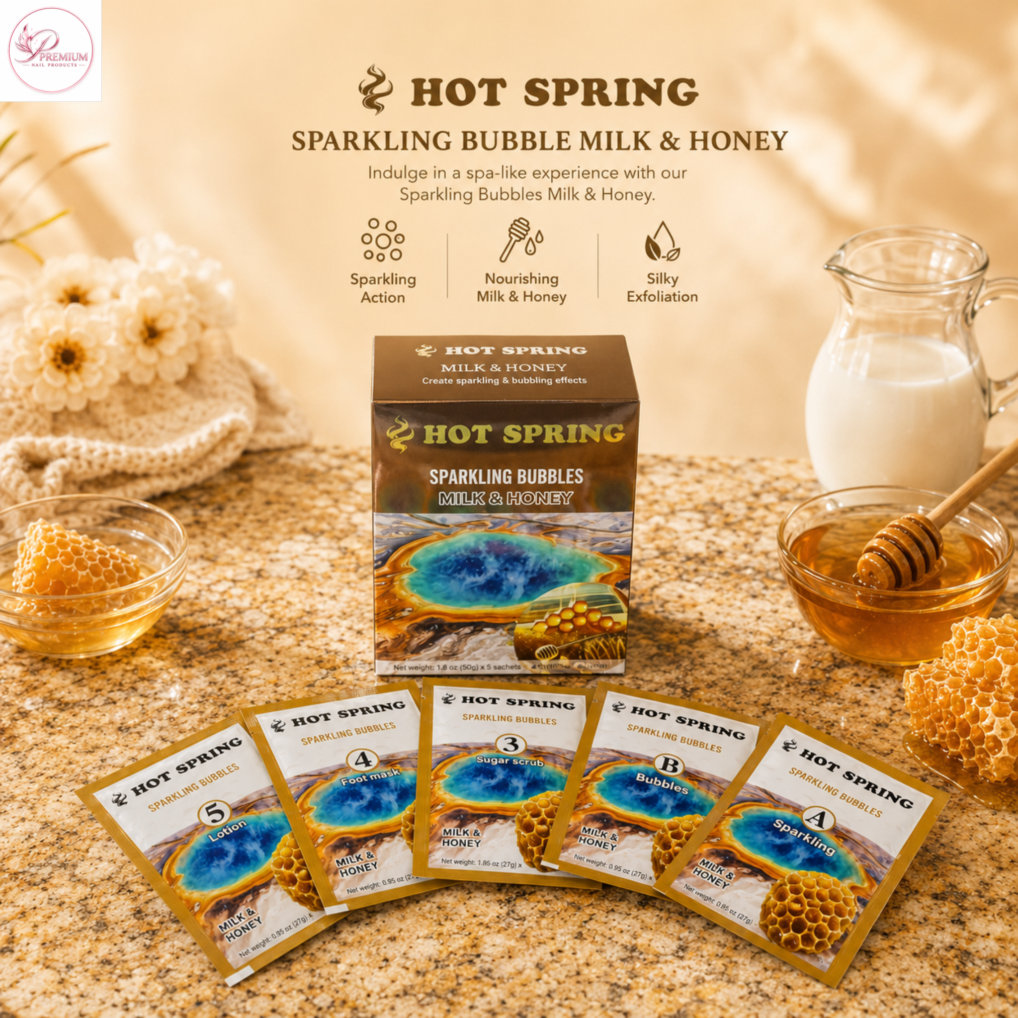 Hot Spring Sparkling Bubbles 5in1 Milk & Honey + Free Pedicure Liner