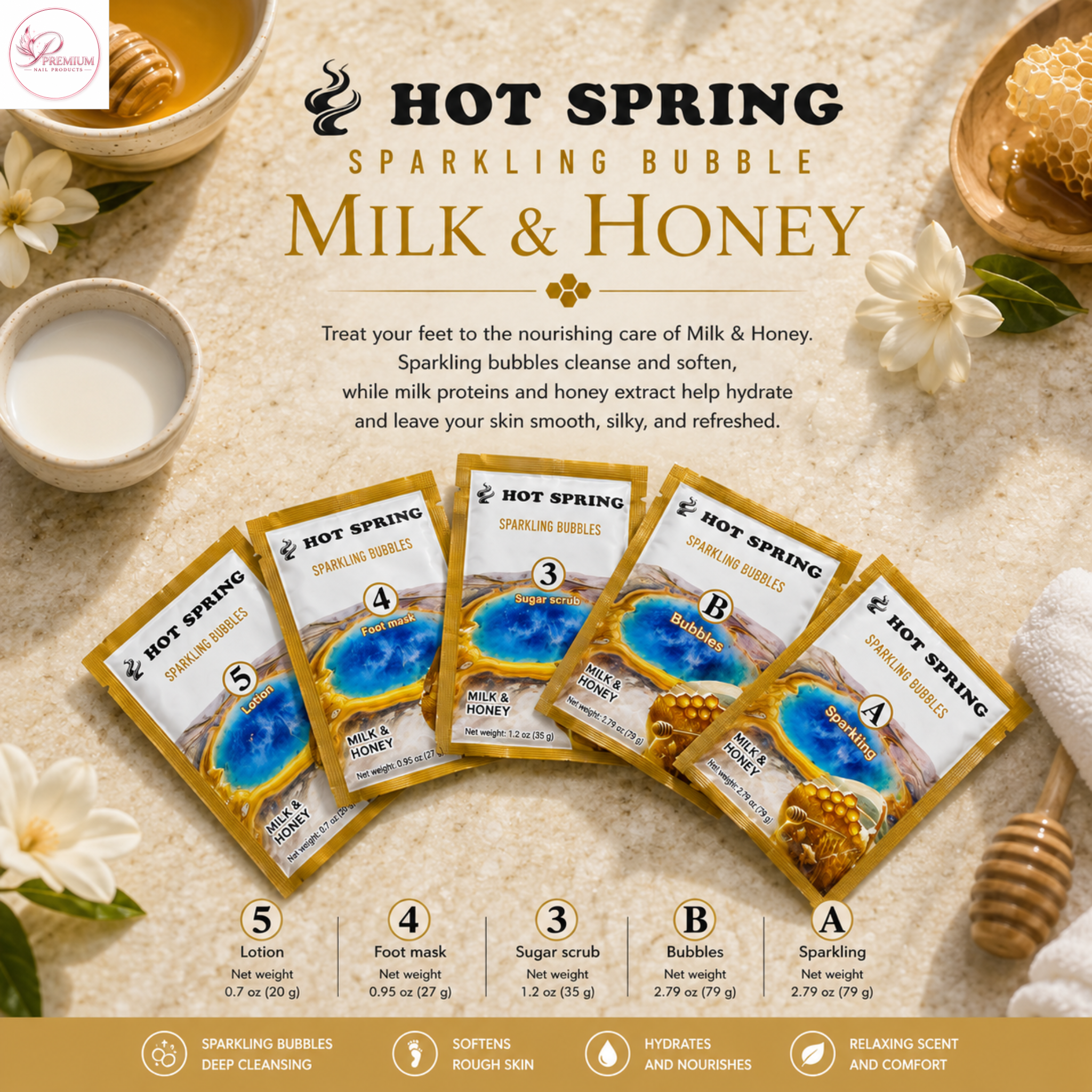 Hot Spring Sparkling Bubbles 5in1 Milk & Honey + Free Pedicure Liner