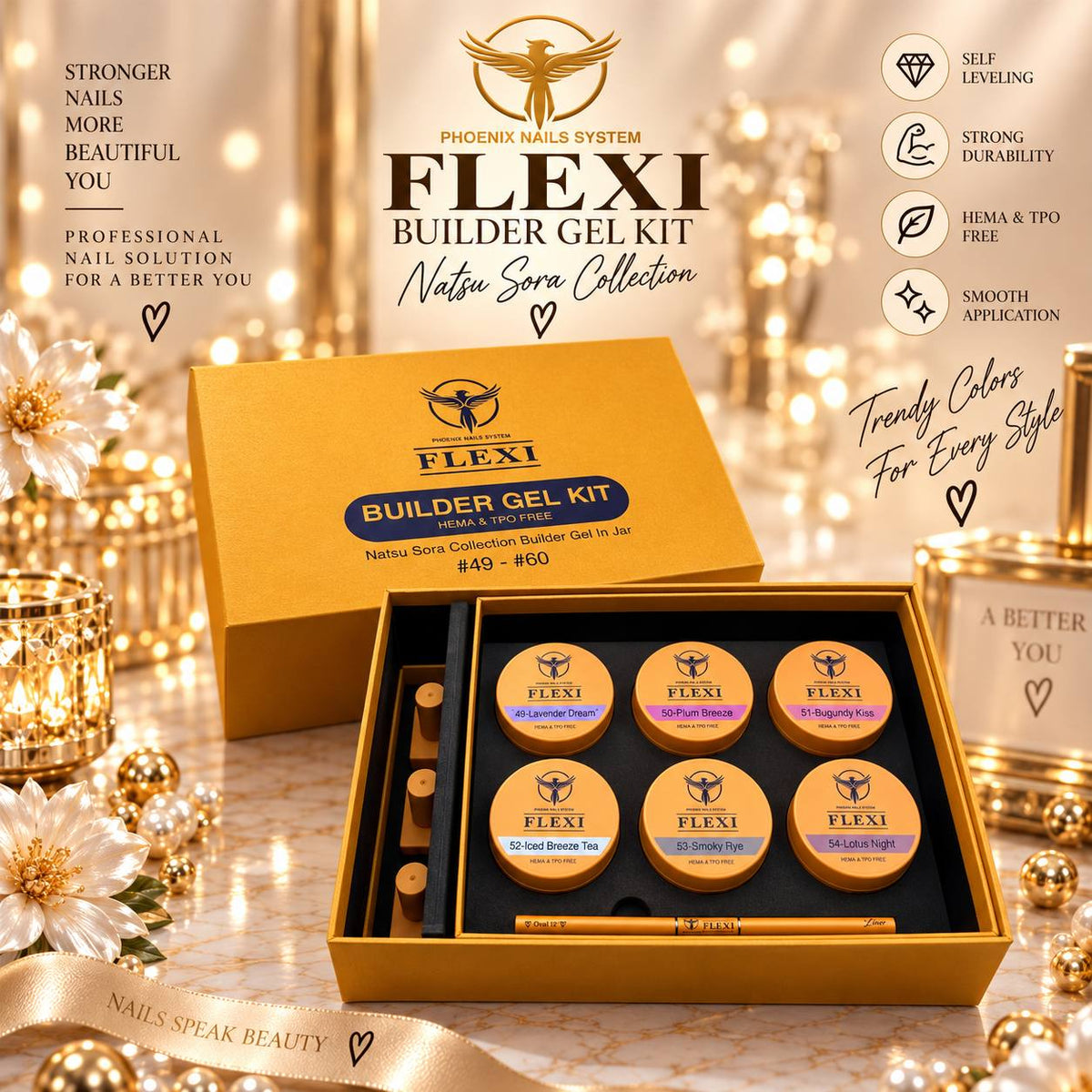 PHOENIX FLEXI Builder Gel (In Jar) BIAJ #49 - #60 colors - 50ml (Included Color Chart) - Natsu Sora Collection
