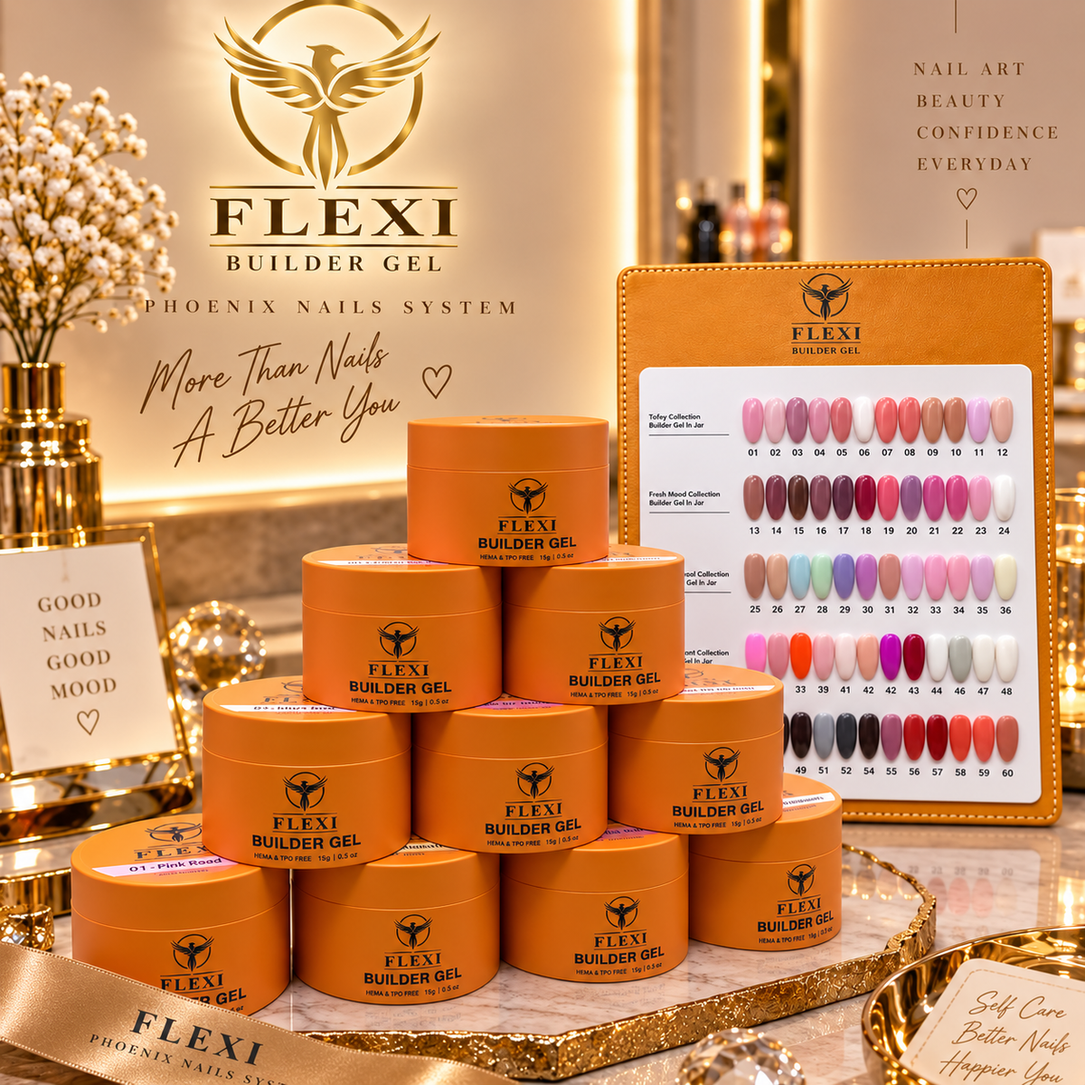 PHOENIX FLEXI Builder Gel (In Jar) 60 colors Master Kit (Included Color Chart) - Free Extra Top + Base + Bond Refill (8oz)