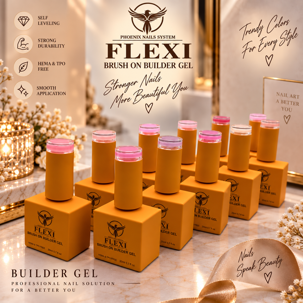 PHOENIX FLEXI Builder Gel Brush On (In Bottle) 60 colors Master Kit (Included Color Chart) - Free Extra Top + Base + Bond Refill (8oz)