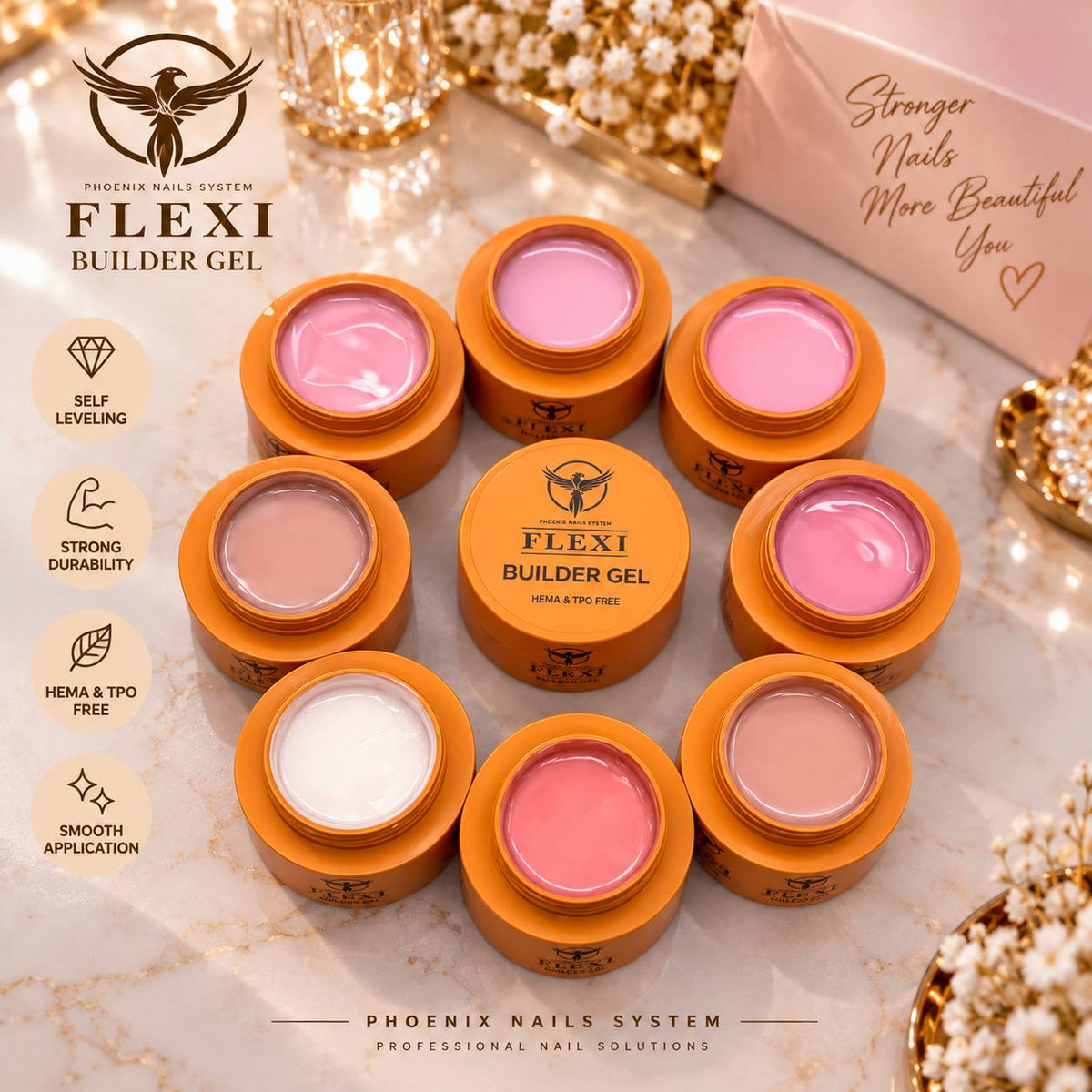 PHOENIX FLEXI Builder Gel (In Jar) 60 colors Master Kit (Included Color Chart) - Free Extra Top + Base + Bond Refill (8oz)