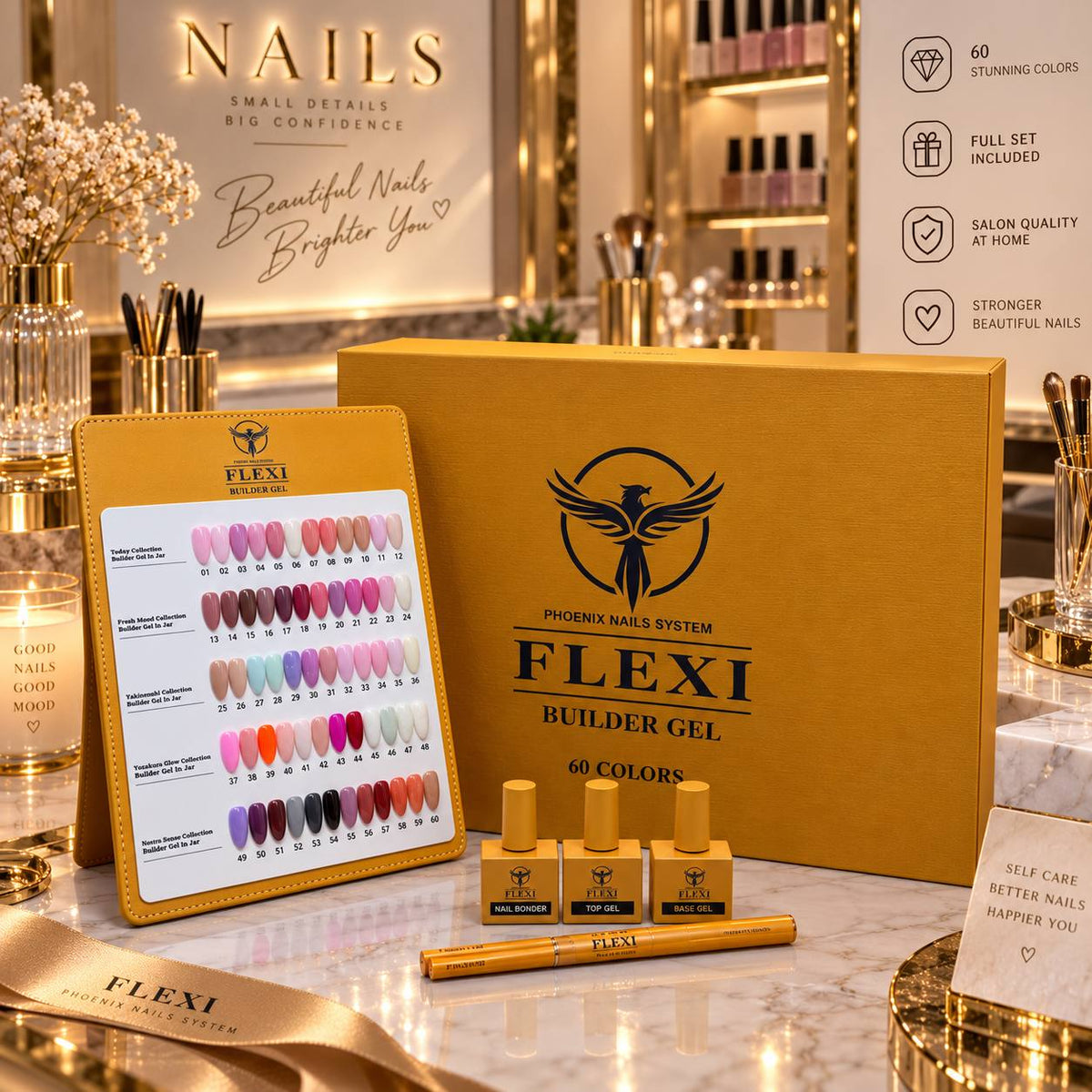 PHOENIX FLEXI Builder Gel (In Jar) 60 colors Master Kit (Included Color Chart) - Free Extra Top + Base + Bond Refill (8oz)