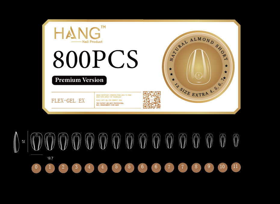 HANG Gel -X Tips Premium Version - Almond Short 800pcs / 12 Sizes
